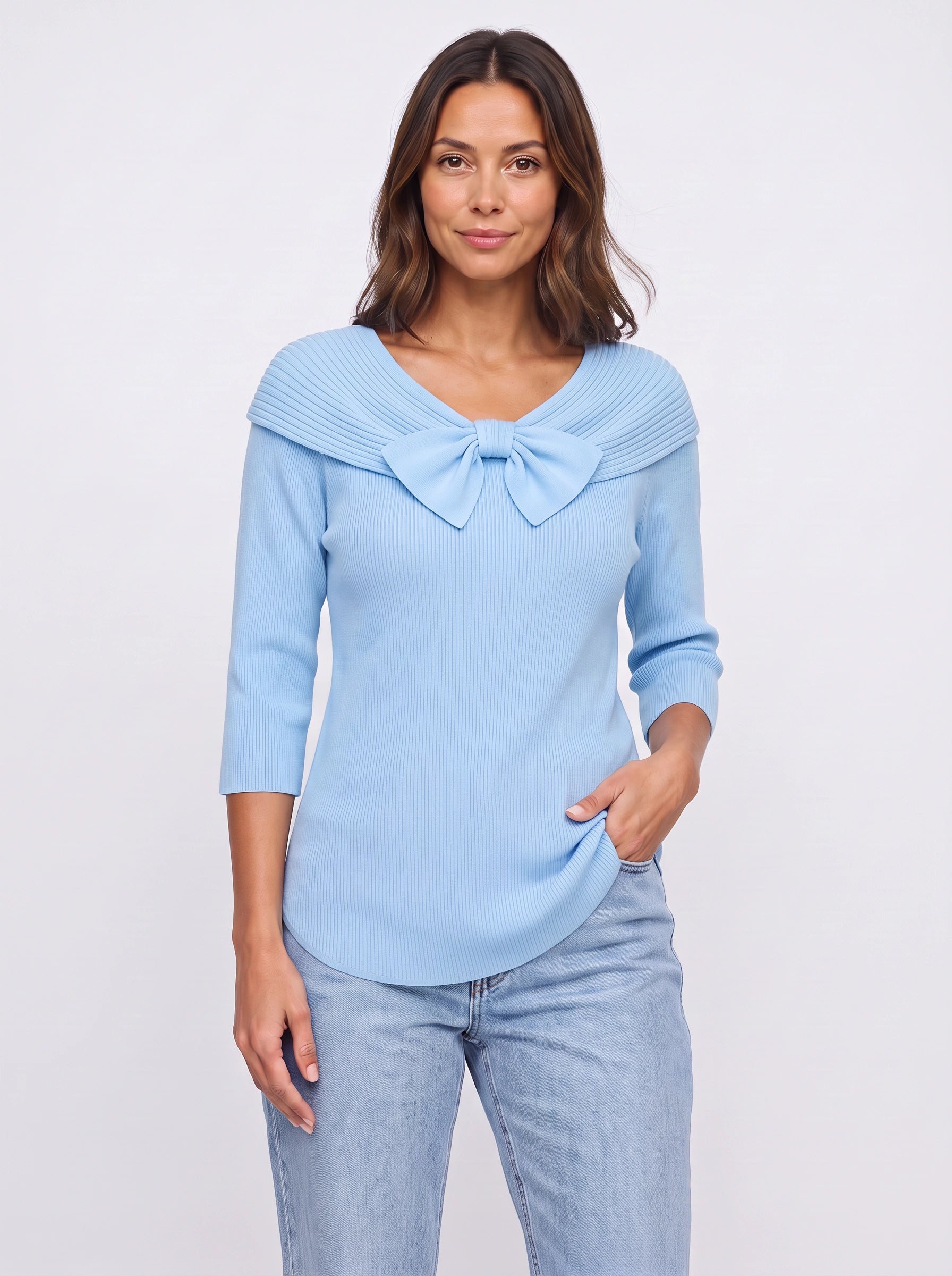 Fiocarra Ribbed Collar Bow Top – Women Knit Sweater Detachable Collar Three Quarter Sleeve Winter Top