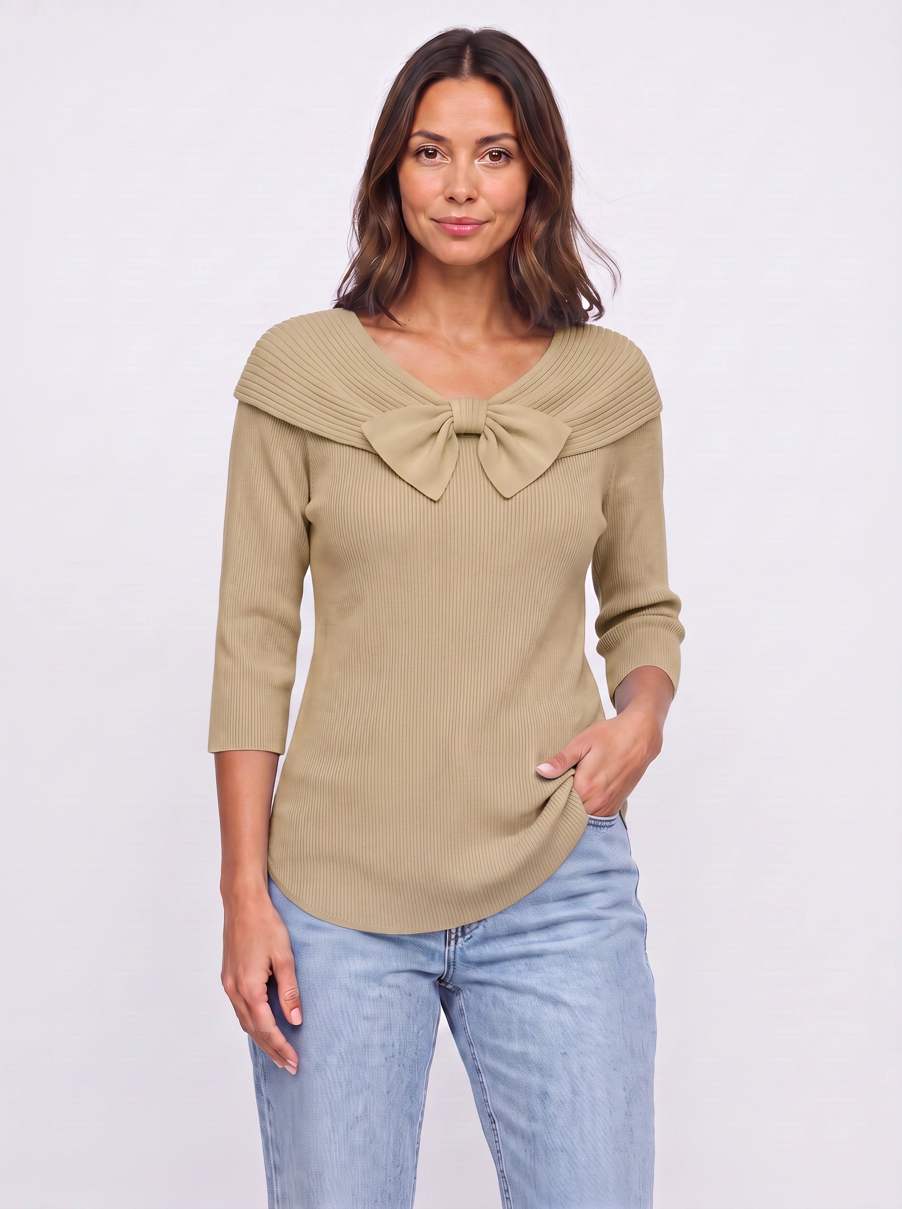Fiocarra Ribbed Collar Bow Top – Women Knit Sweater Detachable Collar Three Quarter Sleeve Winter Top