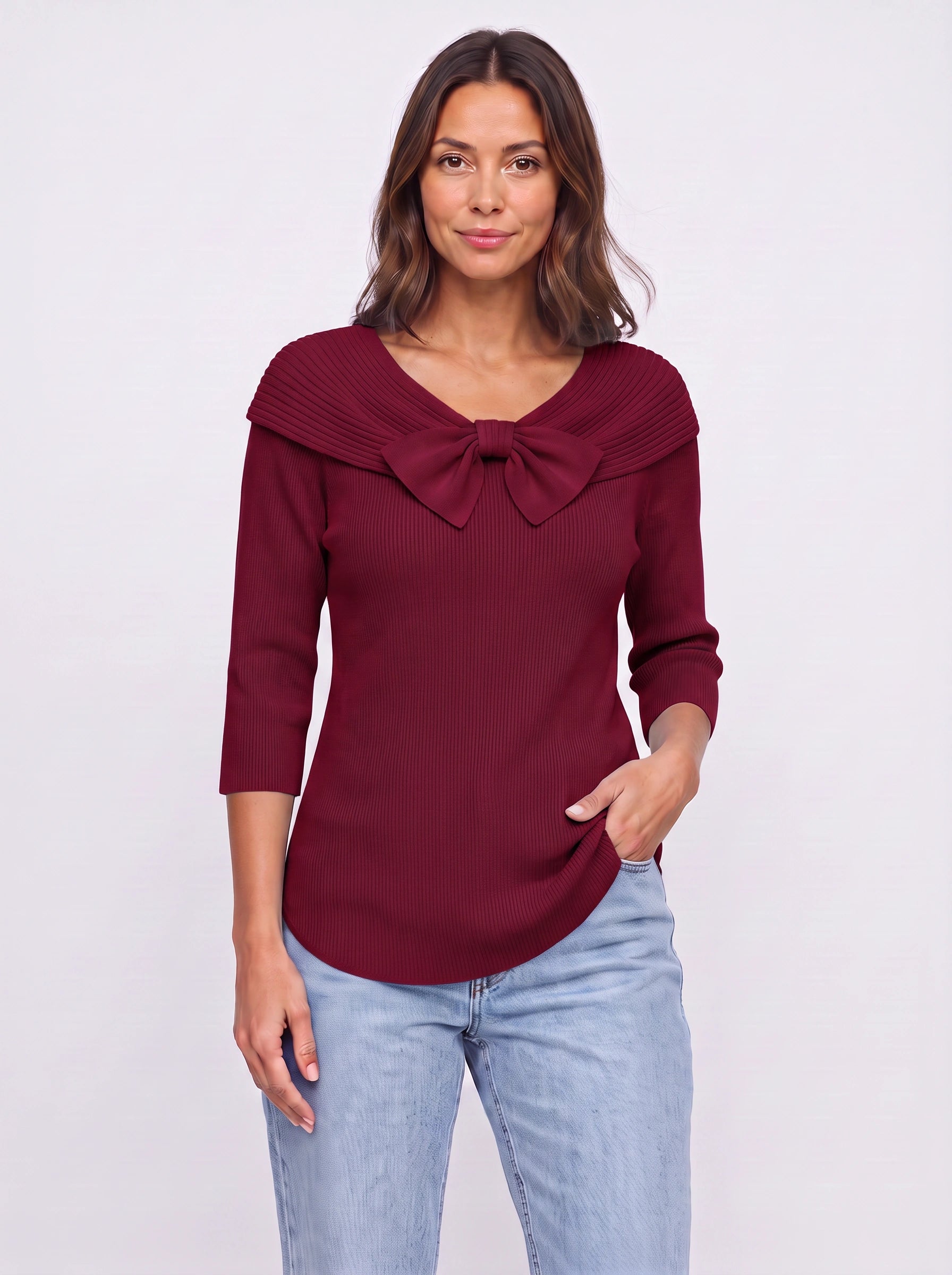 Fiocarra Ribbed Collar Bow Top – Women Knit Sweater Detachable Collar Three Quarter Sleeve Winter Top