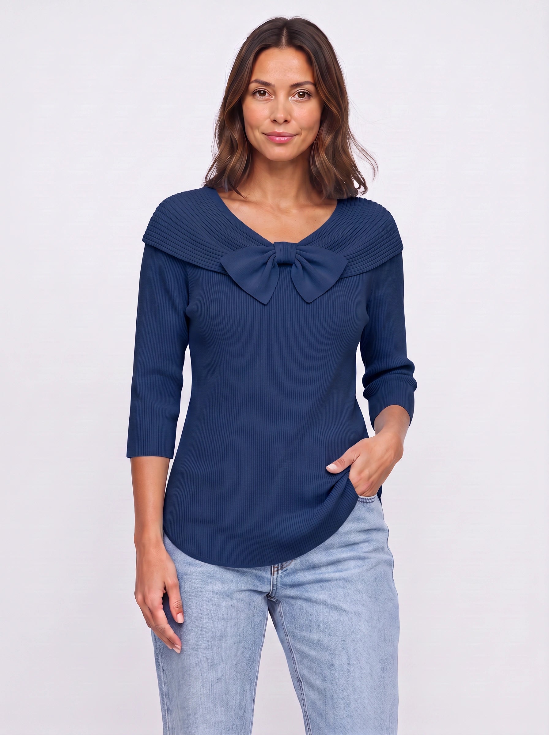Fiocarra Ribbed Collar Bow Top – Women Knit Sweater Detachable Collar Three Quarter Sleeve Winter Top