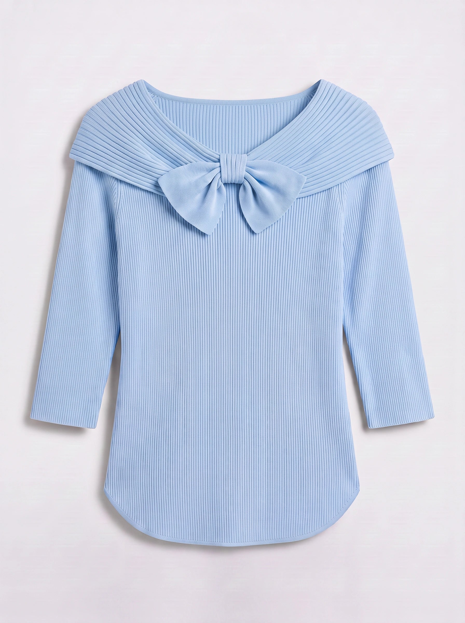 Fiocarra Ribbed Collar Bow Top – Women Knit Sweater Detachable Collar Three Quarter Sleeve Winter Top