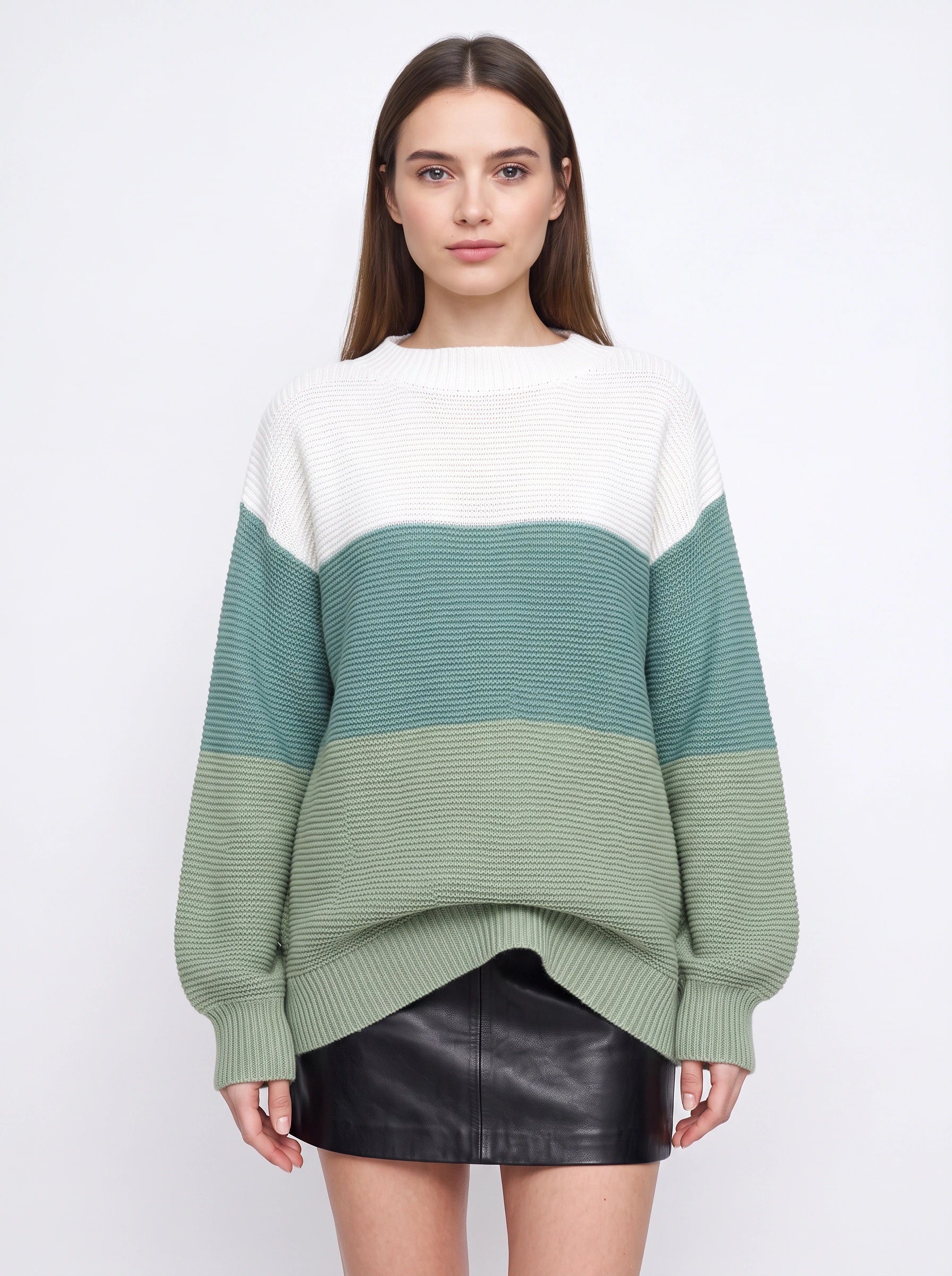 Tripla Oversized Colorblock Knit Sweater – Ribbed Crew Neck Women Casual Loungewear Pullover Sweater