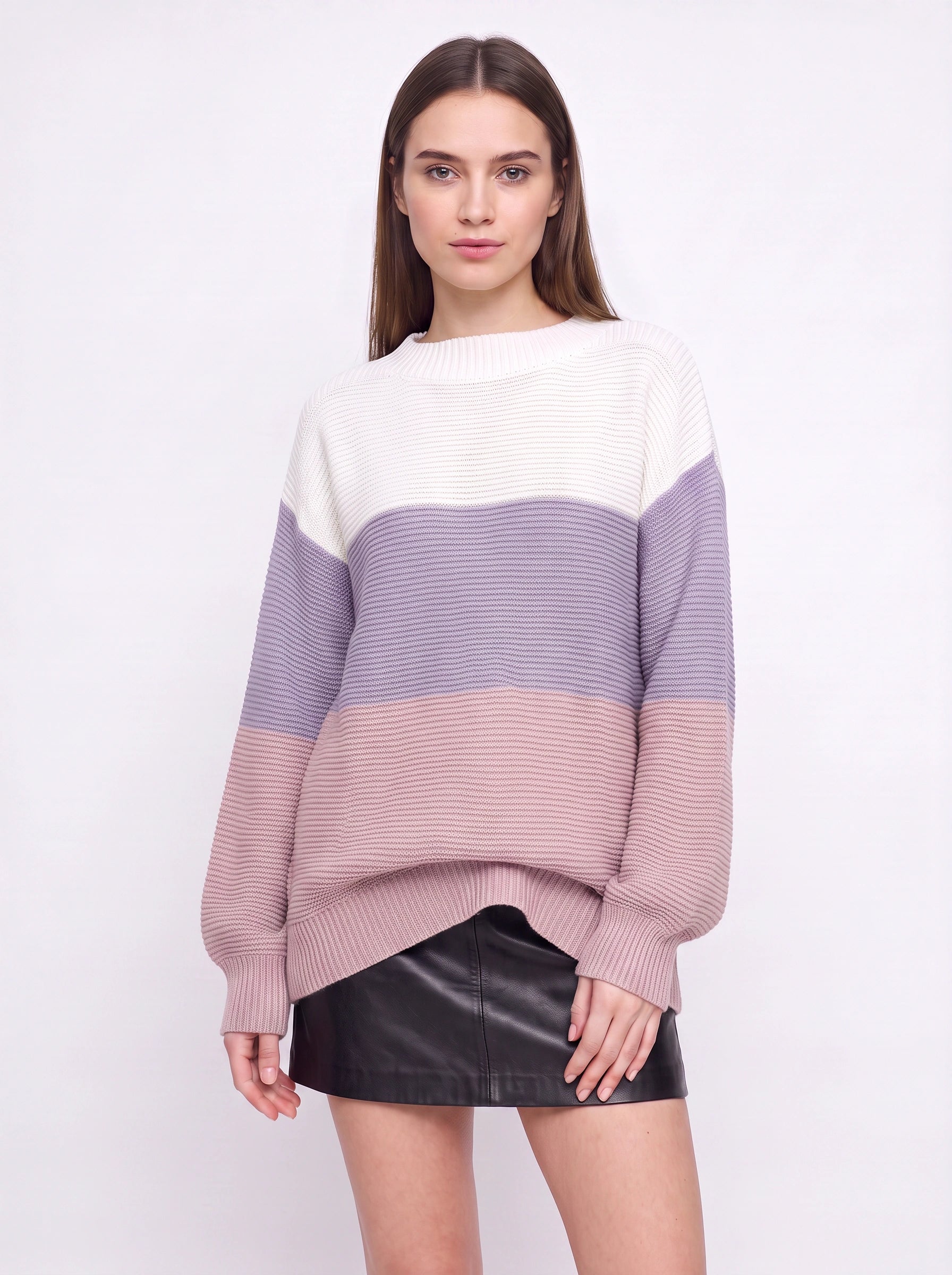 Tripla Oversized Colorblock Knit Sweater – Ribbed Crew Neck Women Casual Loungewear Pullover Sweater
