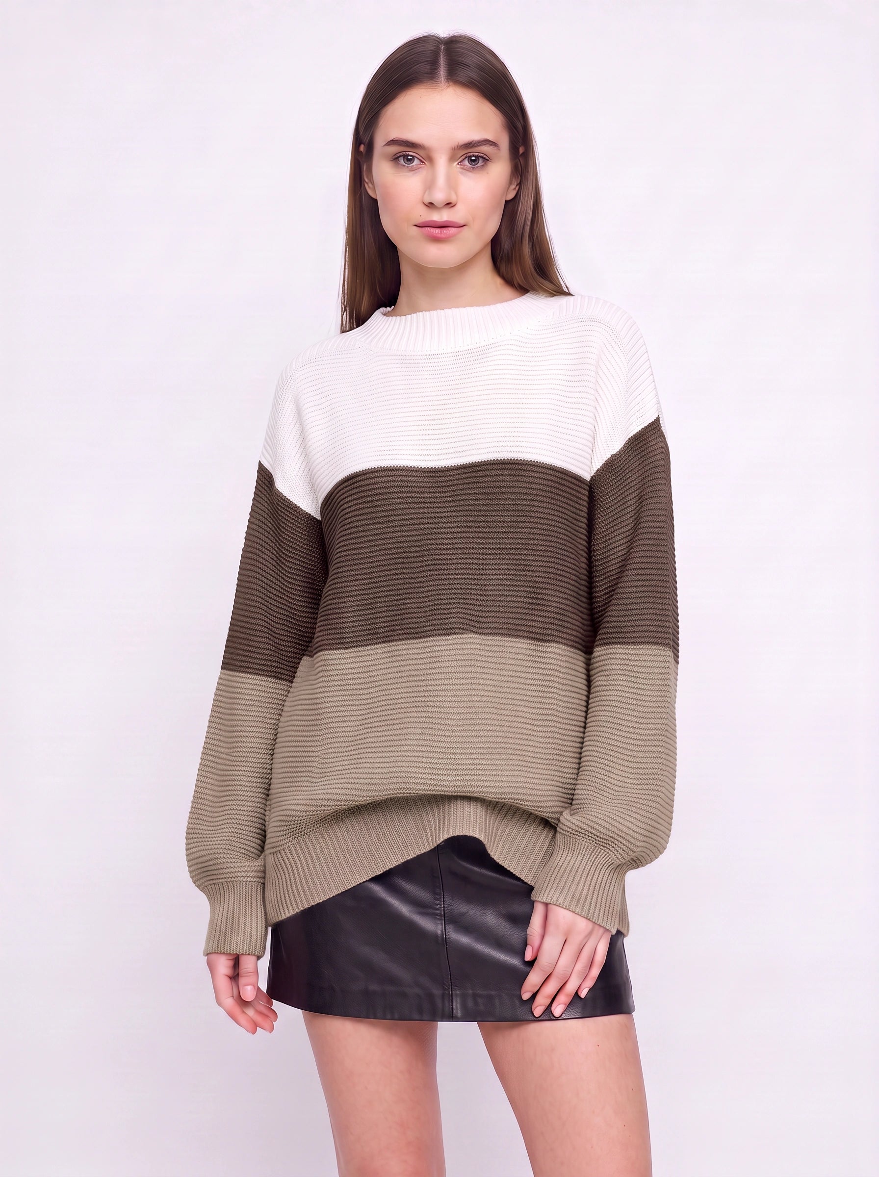 Tripla Oversized Colorblock Knit Sweater – Ribbed Crew Neck Women Casual Loungewear Pullover Sweater