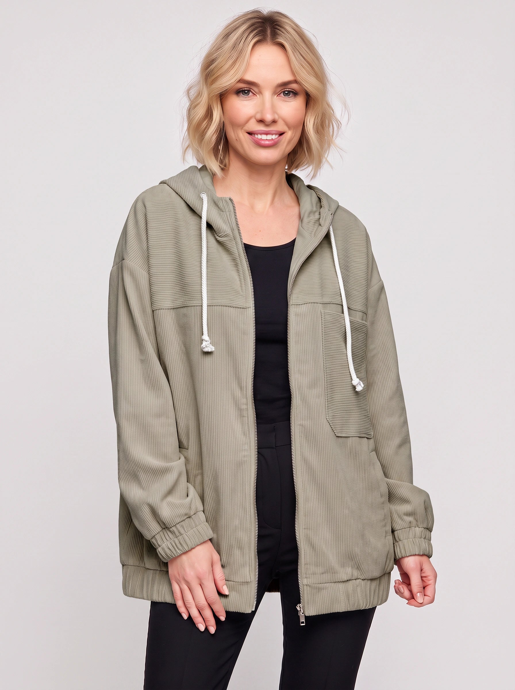 Ridglen Oversized Corduroy Zip Hoodie Jacket – Women Winter Hooded Utility Puffer Jacket Streetwear Casual