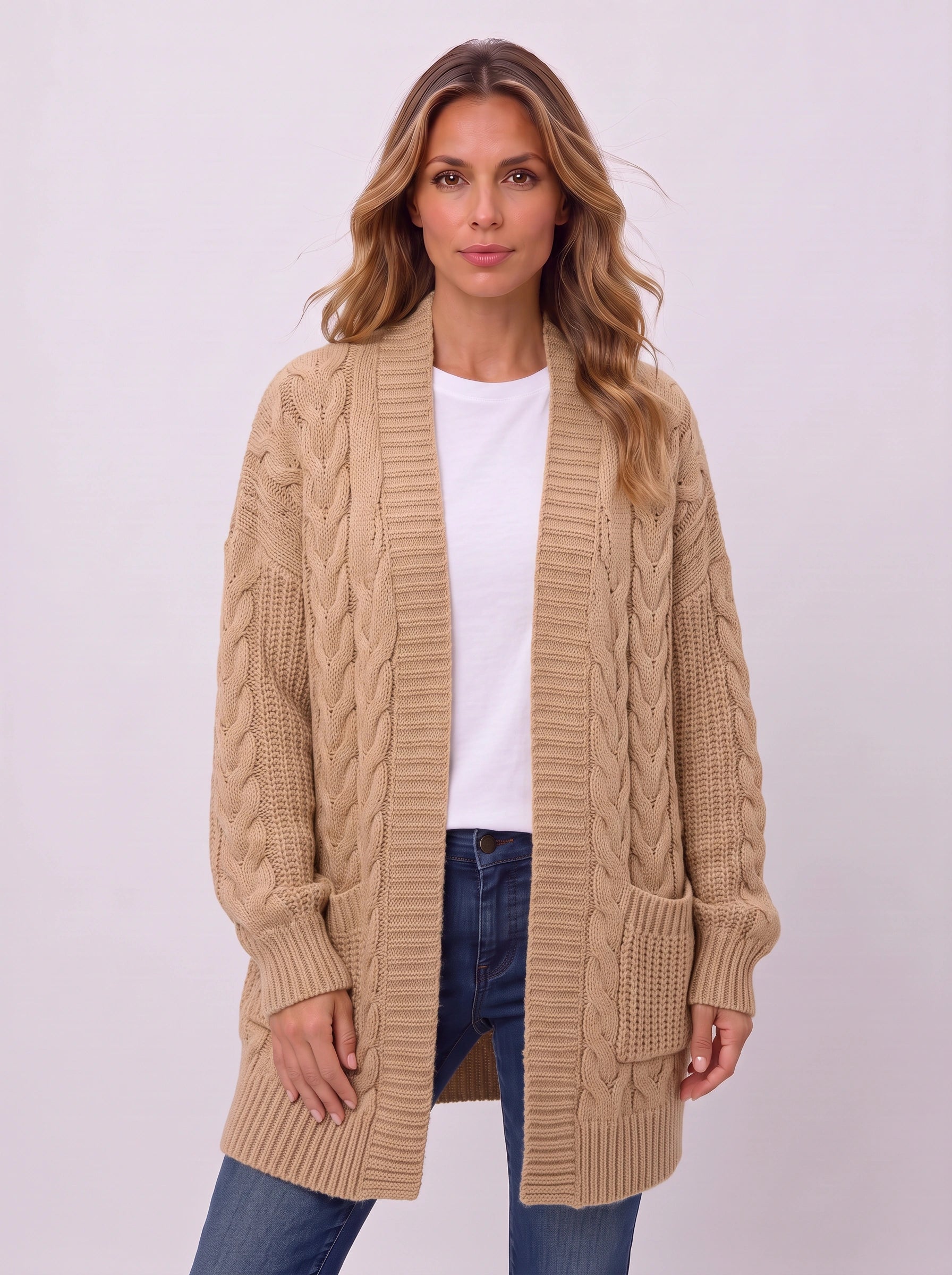 Treccia Open-Front Cable Knit Longline Cardigan – Women Sweater Oversized Cozy Winter Casual Layering Knit Cardigan