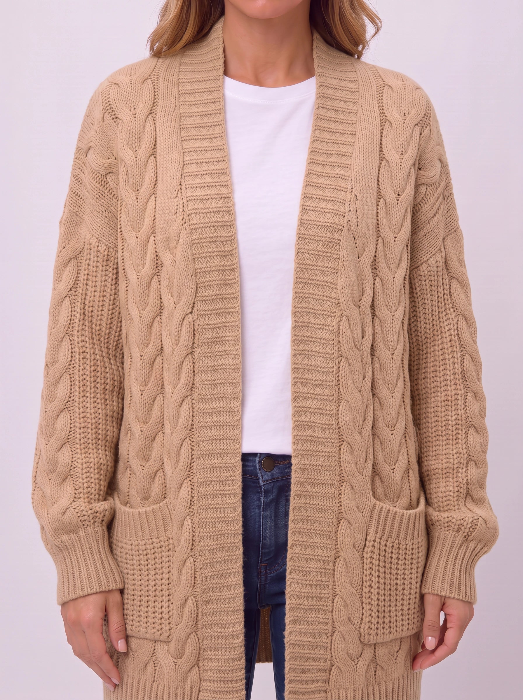 Treccia Open-Front Cable Knit Longline Cardigan – Women Sweater Oversized Cozy Winter Casual Layering Knit Cardigan