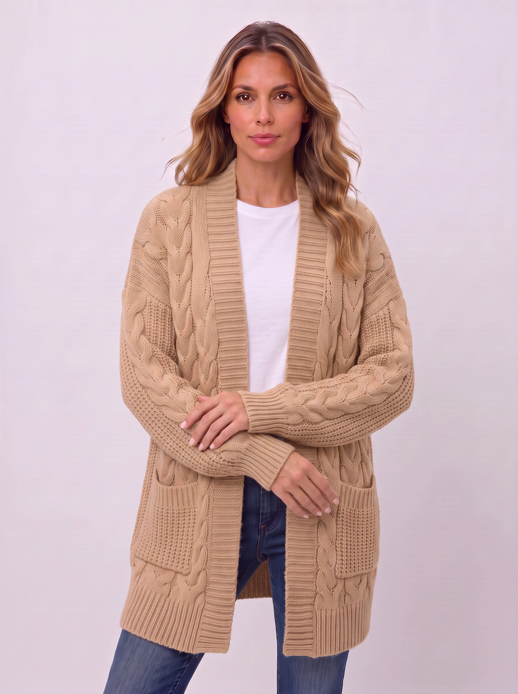 Treccia Open-Front Cable Knit Longline Cardigan – Women Sweater Oversized Cozy Winter Casual Layering Knit Cardigan
