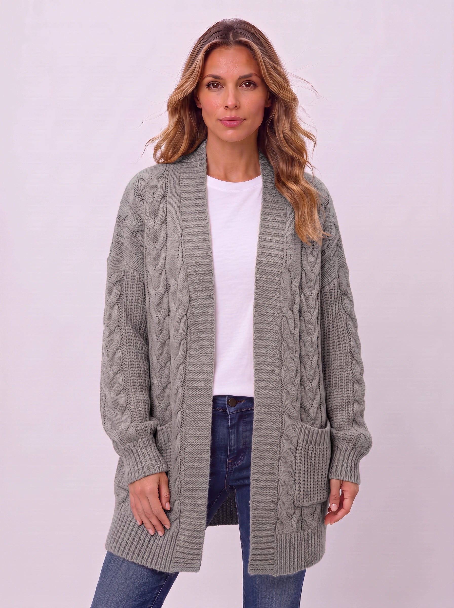 Treccia Open-Front Cable Knit Longline Cardigan – Women Sweater Oversized Cozy Winter Casual Layering Knit Cardigan