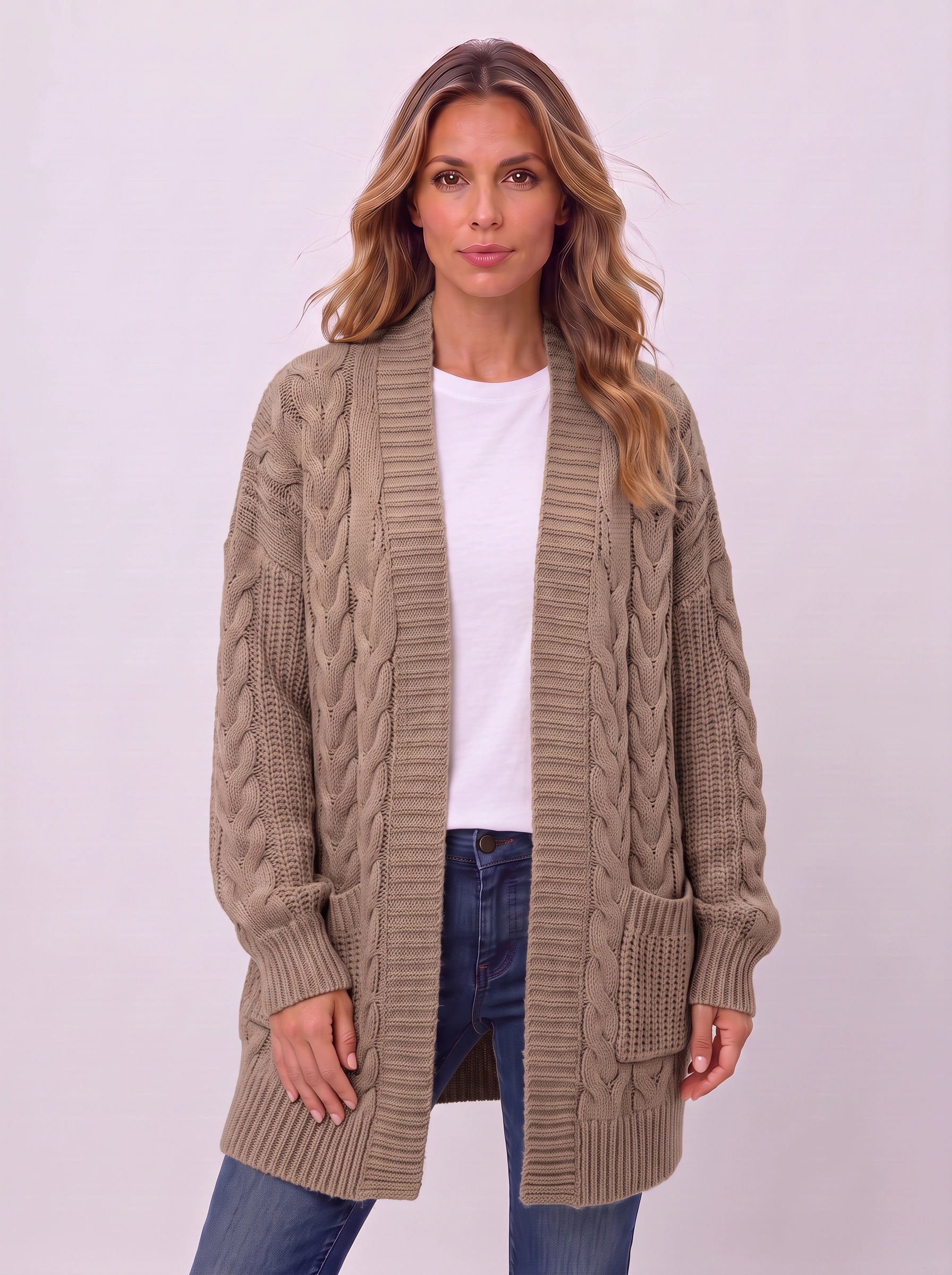 Treccia Open-Front Cable Knit Longline Cardigan – Women Sweater Oversized Cozy Winter Casual Layering Knit Cardigan
