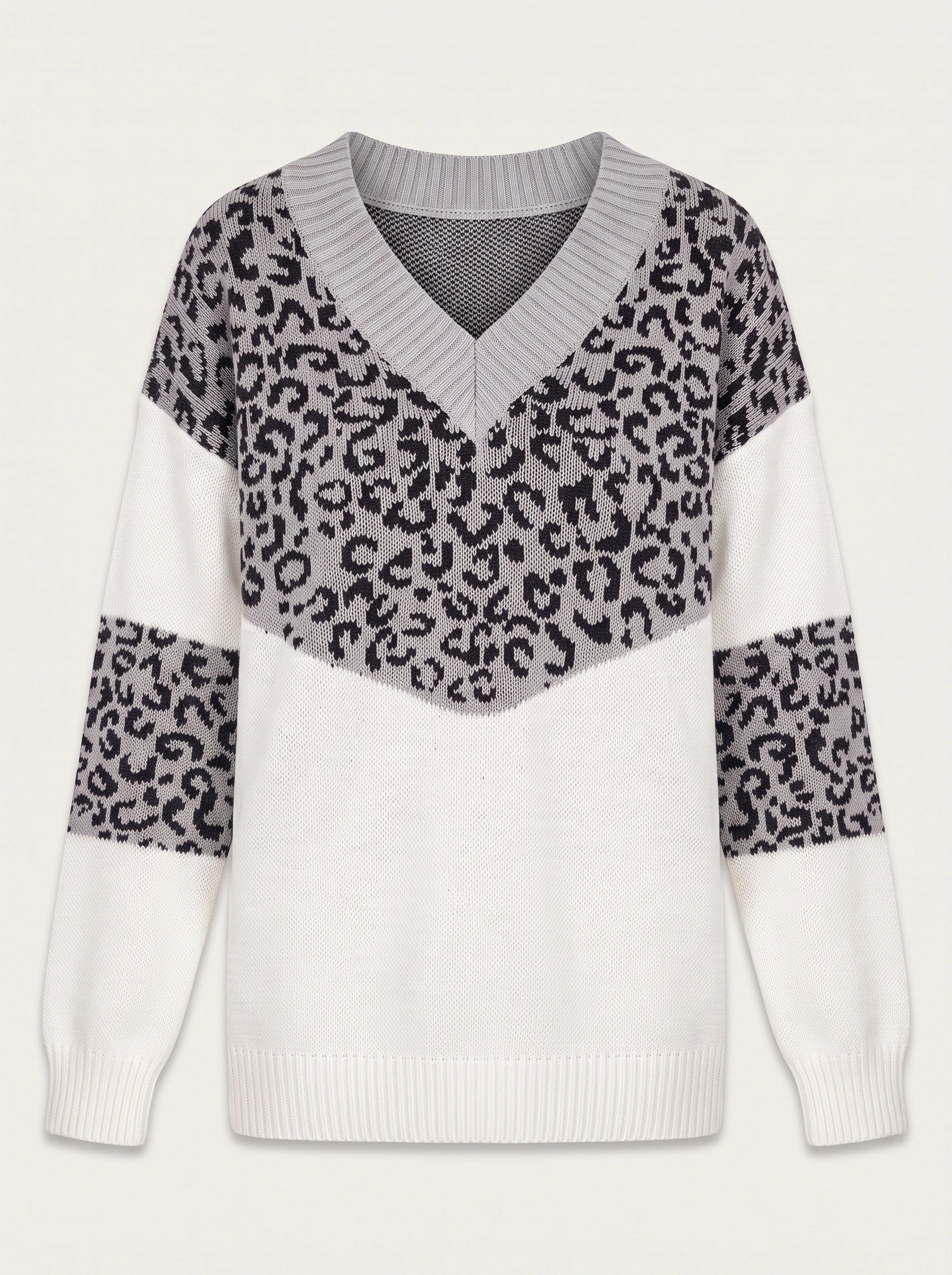 Leopari V-Neck Leopard Print Sweater – Oversized Knit Sweater Women Casual Pullover Animal Print Top