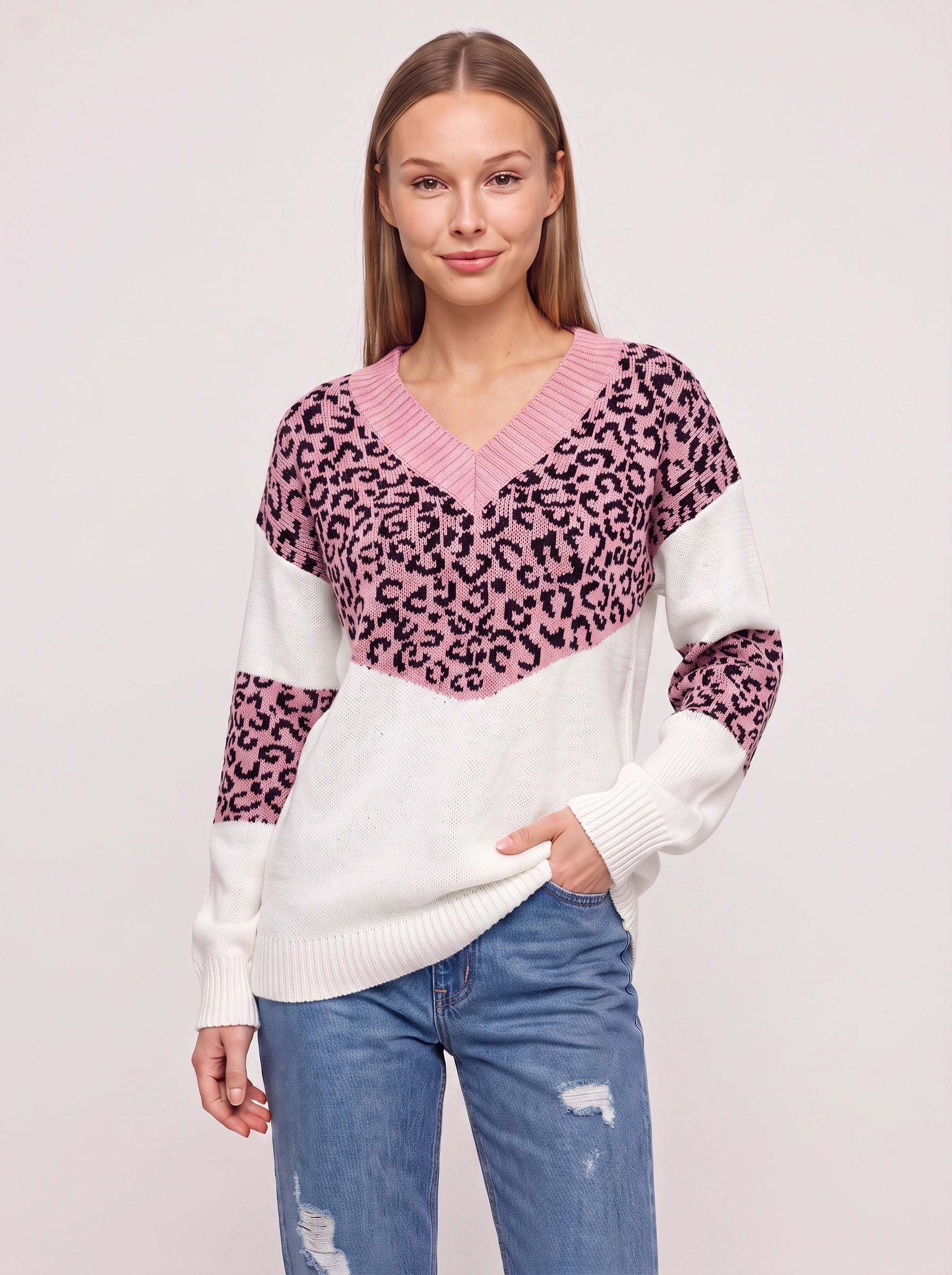 Leopari V-Neck Leopard Print Sweater – Oversized Knit Sweater Women Casual Pullover Animal Print Top