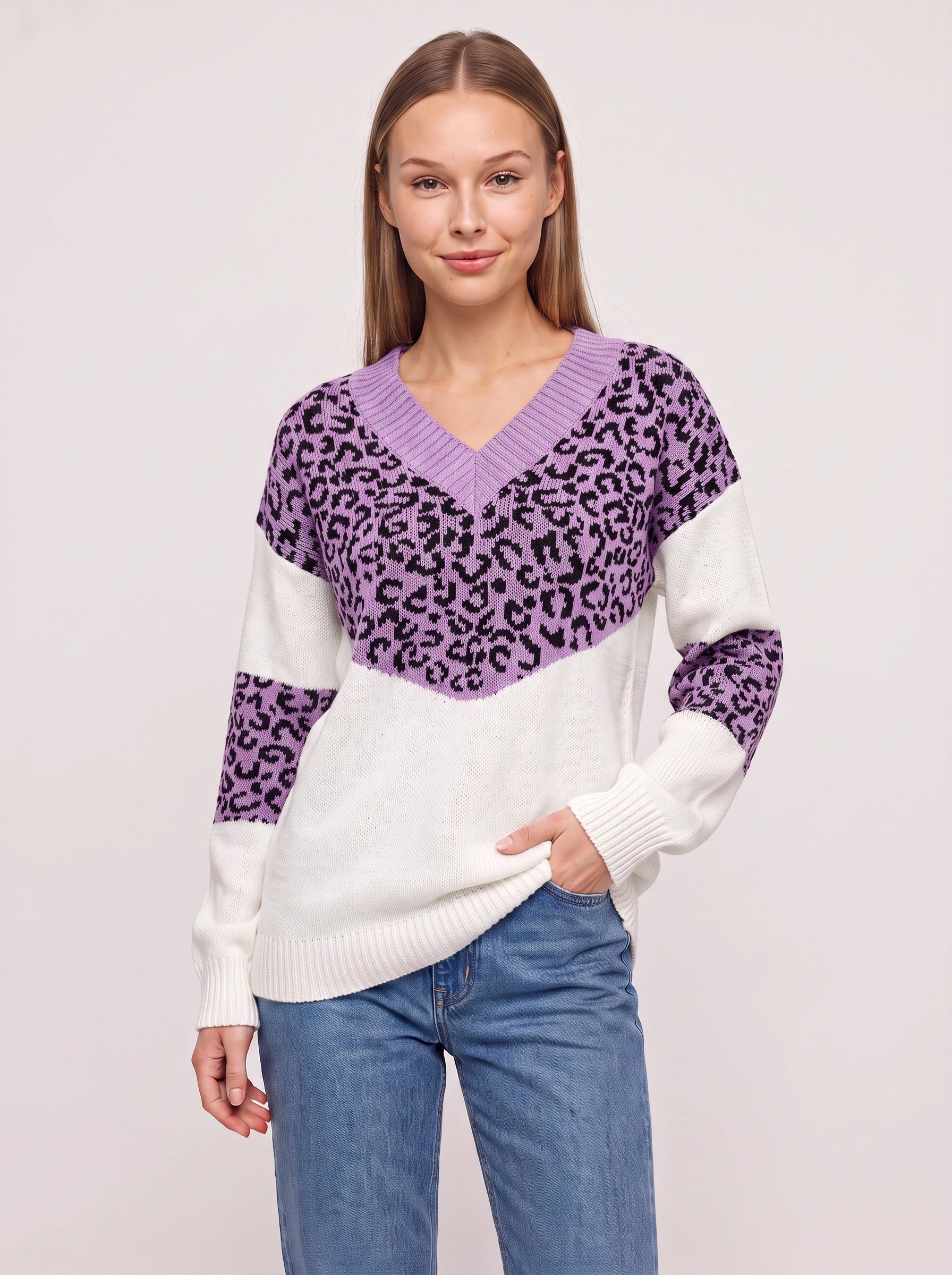 Leopari V-Neck Leopard Print Sweater – Oversized Knit Sweater Women Casual Pullover Animal Print Top