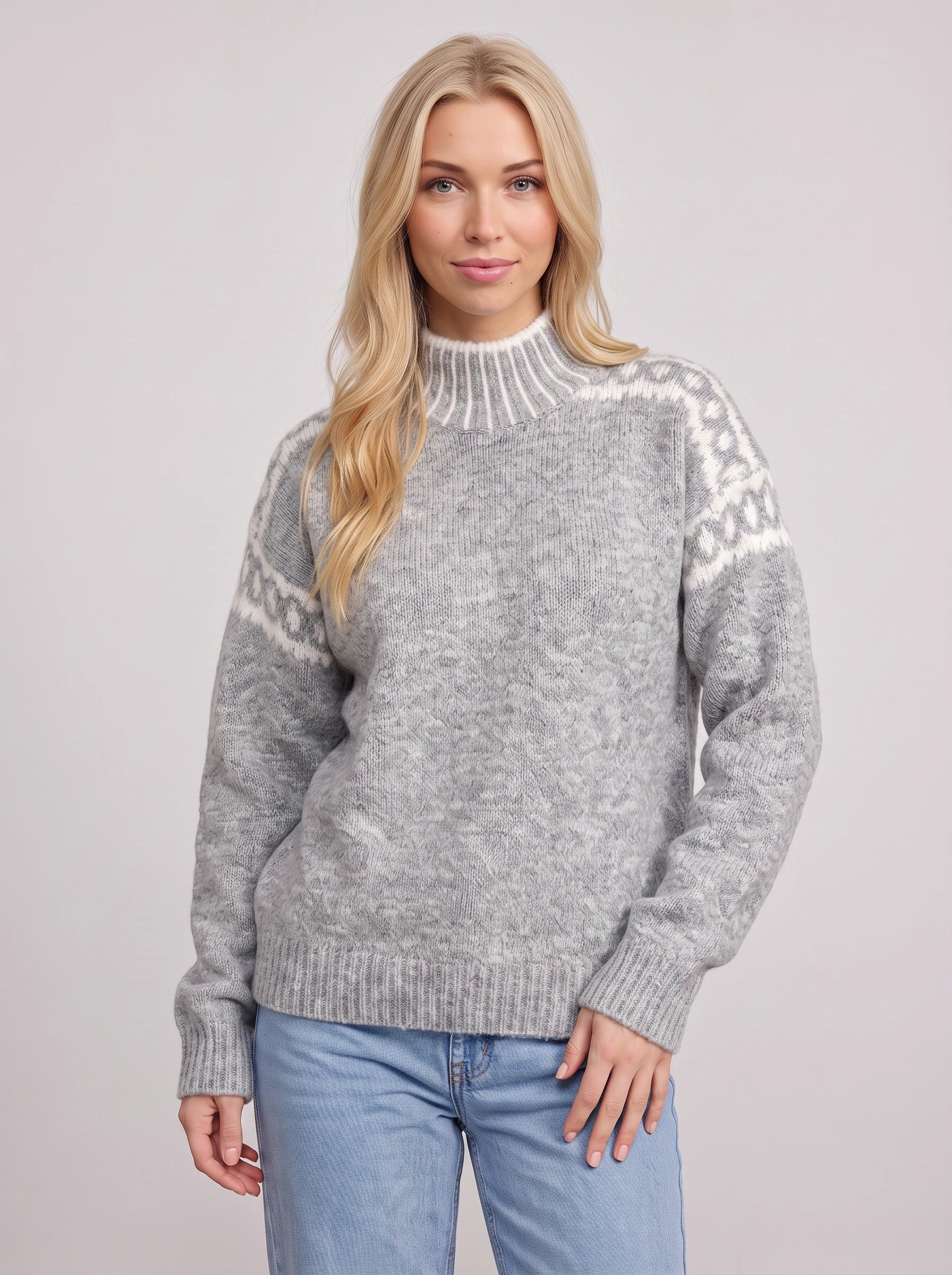Nordra Fair Isle Mock Neck Sweater – Cable Knit Sweater Women Oversized Chunky Pullover Jumper