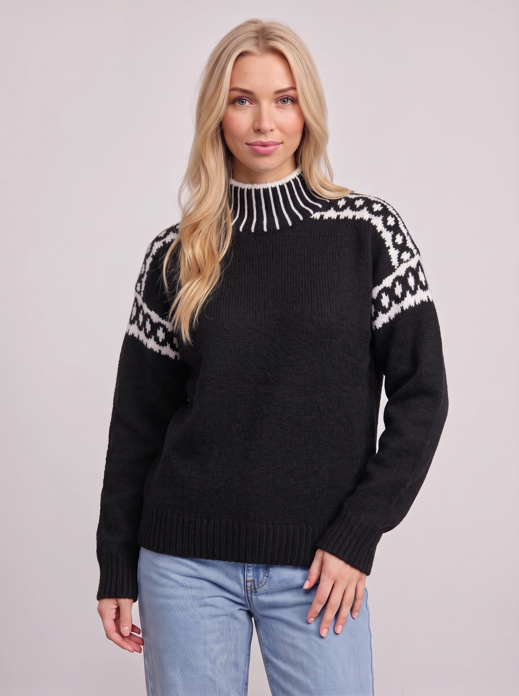 Nordra Fair Isle Mock Neck Sweater – Cable Knit Sweater Women Oversized Chunky Pullover Jumper