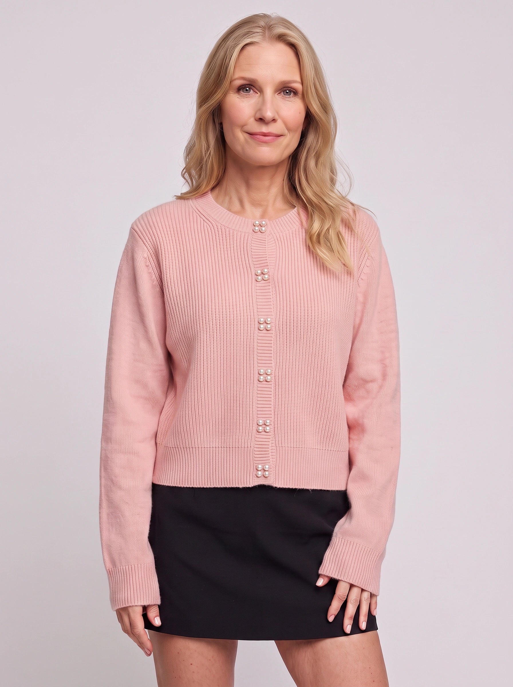 Perlina Pearl Button Ribbed Knit Cardigan – Women Cropped Sweater Preppy Winter Vintage Cardigan