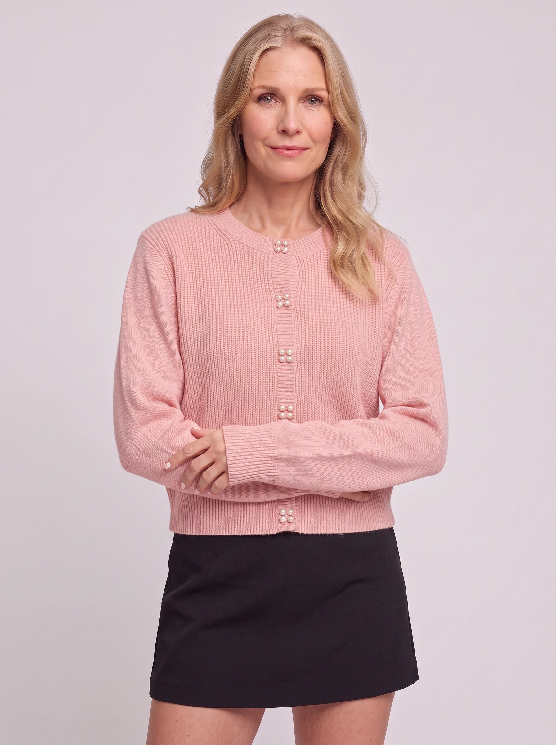 Perlina Pearl Button Ribbed Knit Cardigan – Women Cropped Sweater Preppy Winter Vintage Cardigan