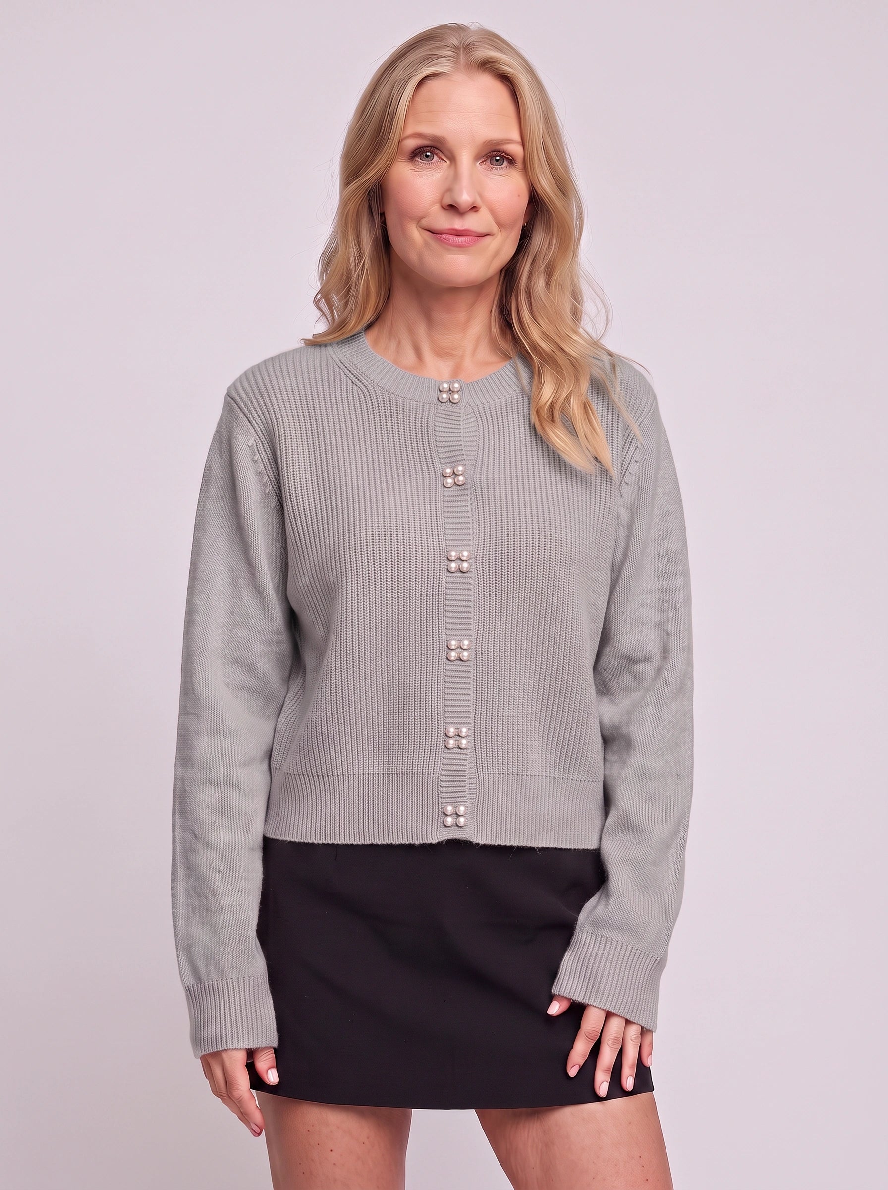Perlina Pearl Button Ribbed Knit Cardigan – Women Cropped Sweater Preppy Winter Vintage Cardigan