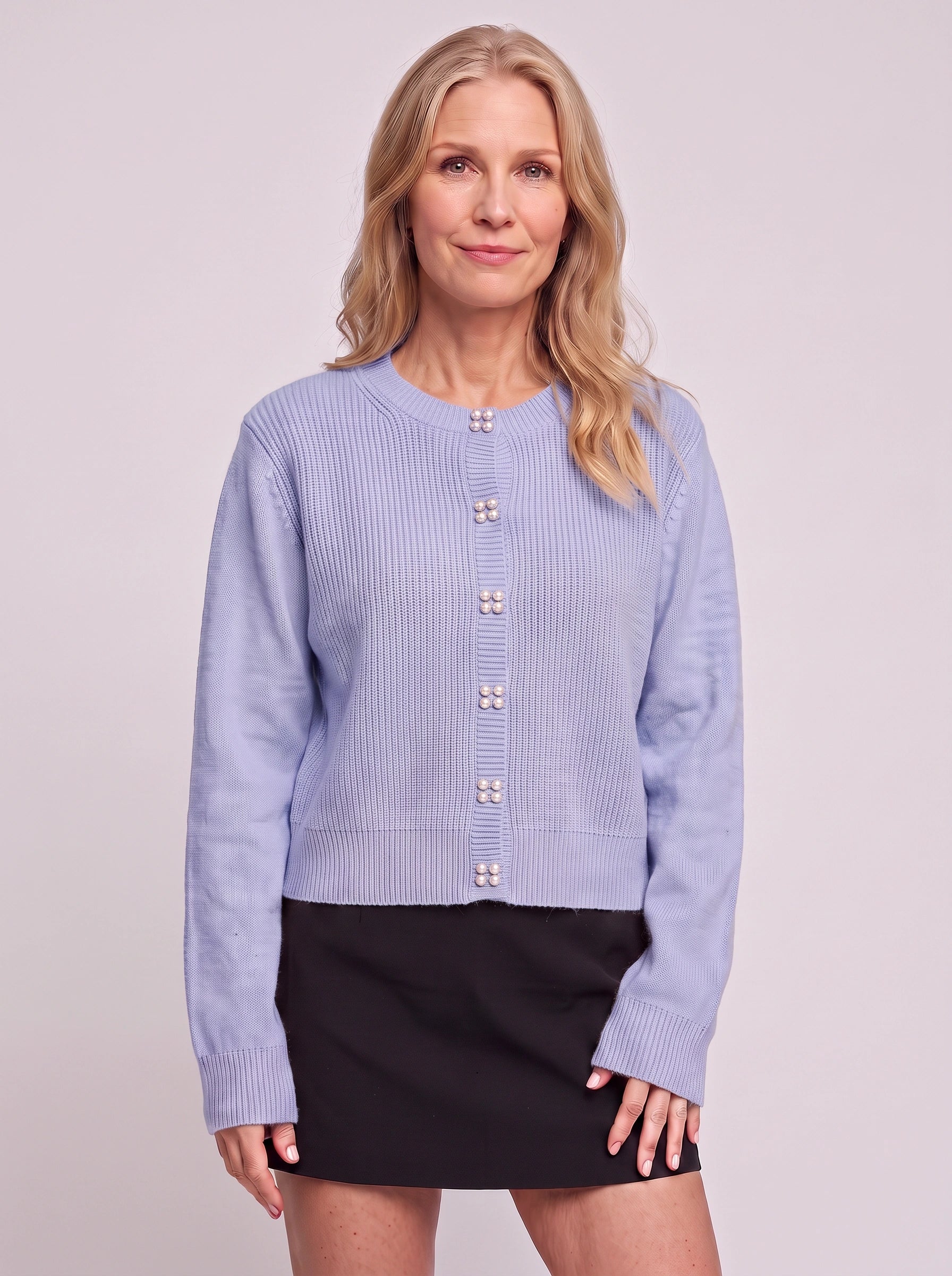 Perlina Pearl Button Ribbed Knit Cardigan – Women Cropped Sweater Preppy Winter Vintage Cardigan