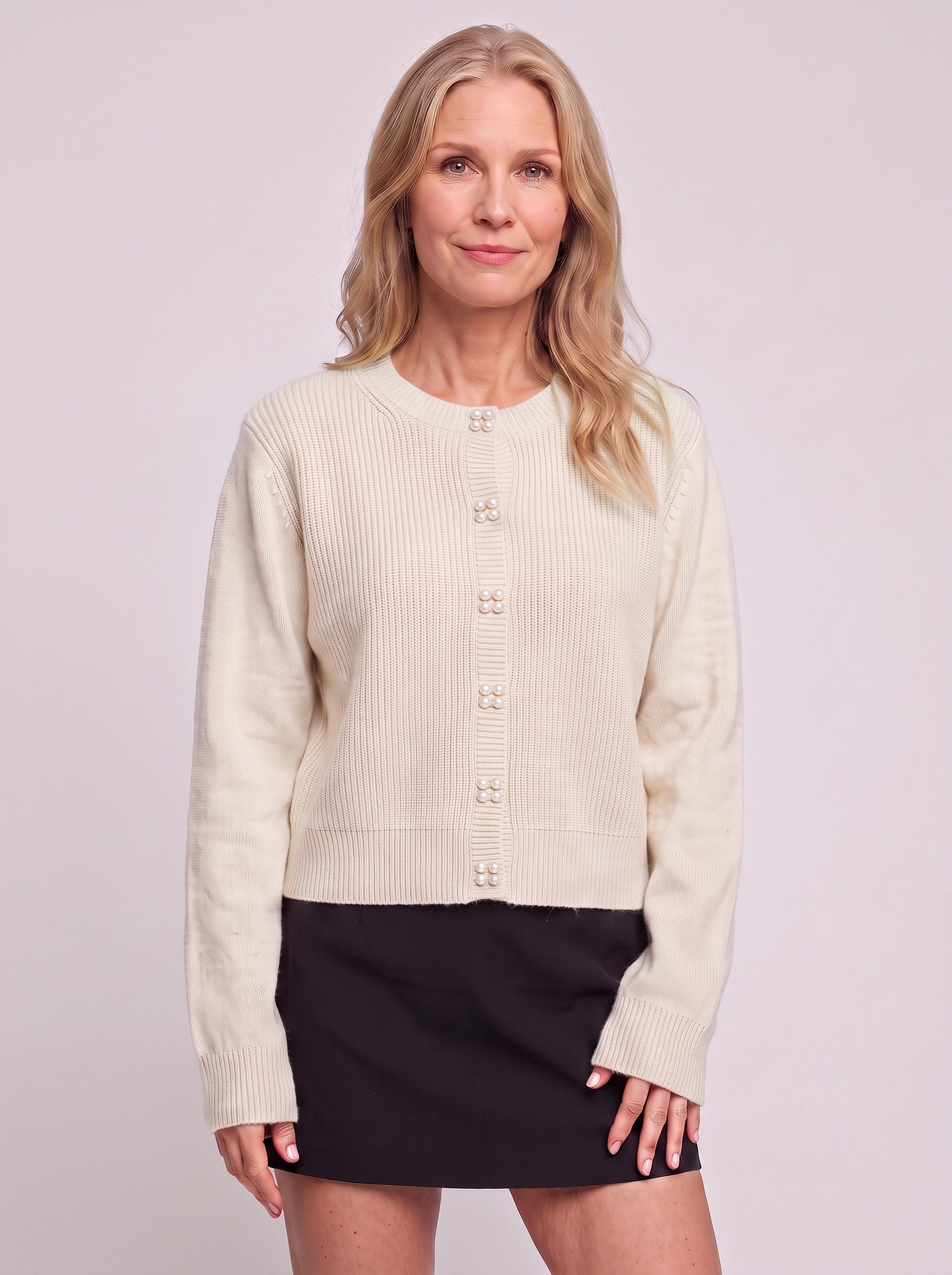 Perlina Pearl Button Ribbed Knit Cardigan – Women Cropped Sweater Preppy Winter Vintage Cardigan