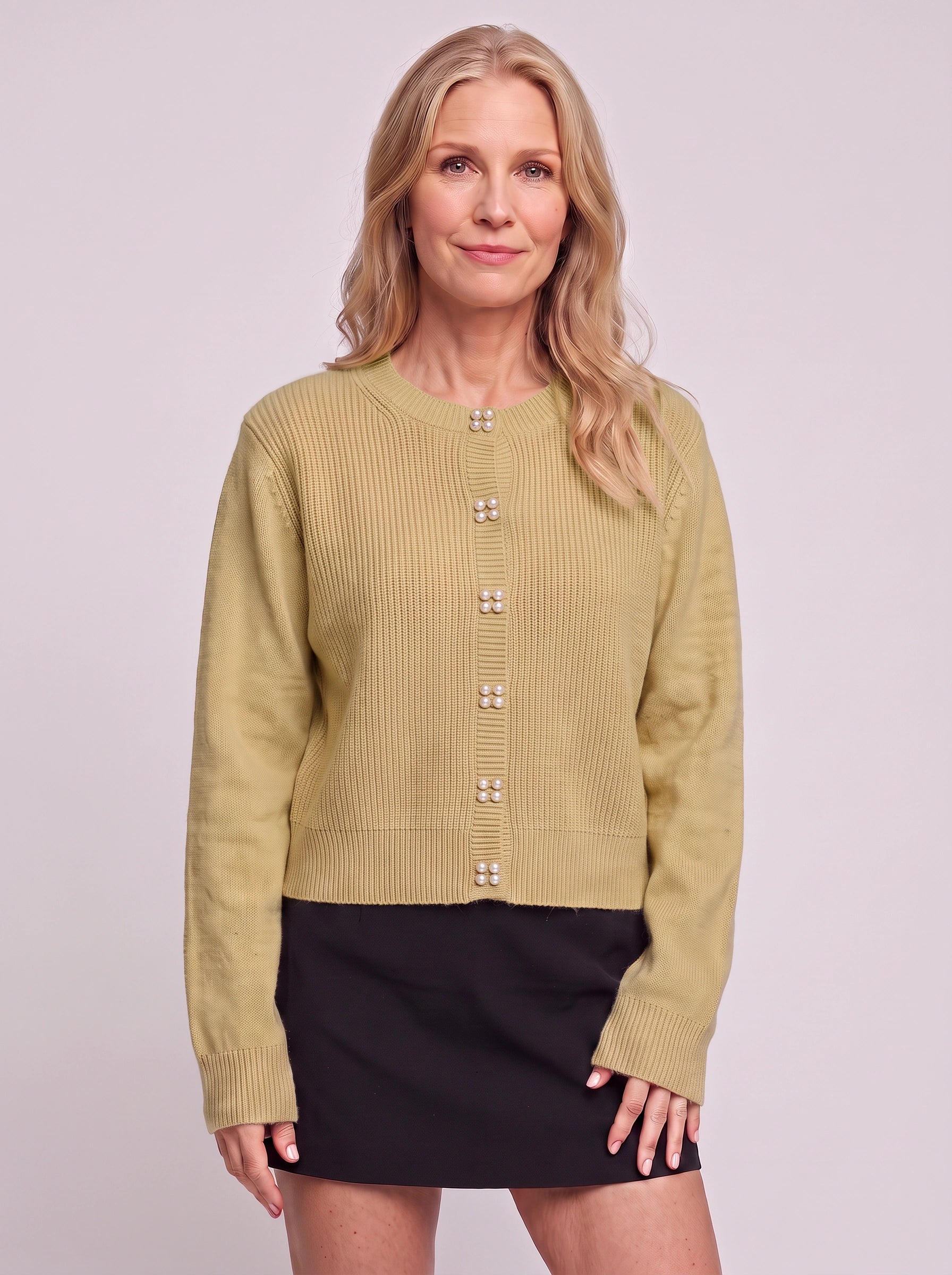 Perlina Pearl Button Ribbed Knit Cardigan – Women Cropped Sweater Preppy Winter Vintage Cardigan