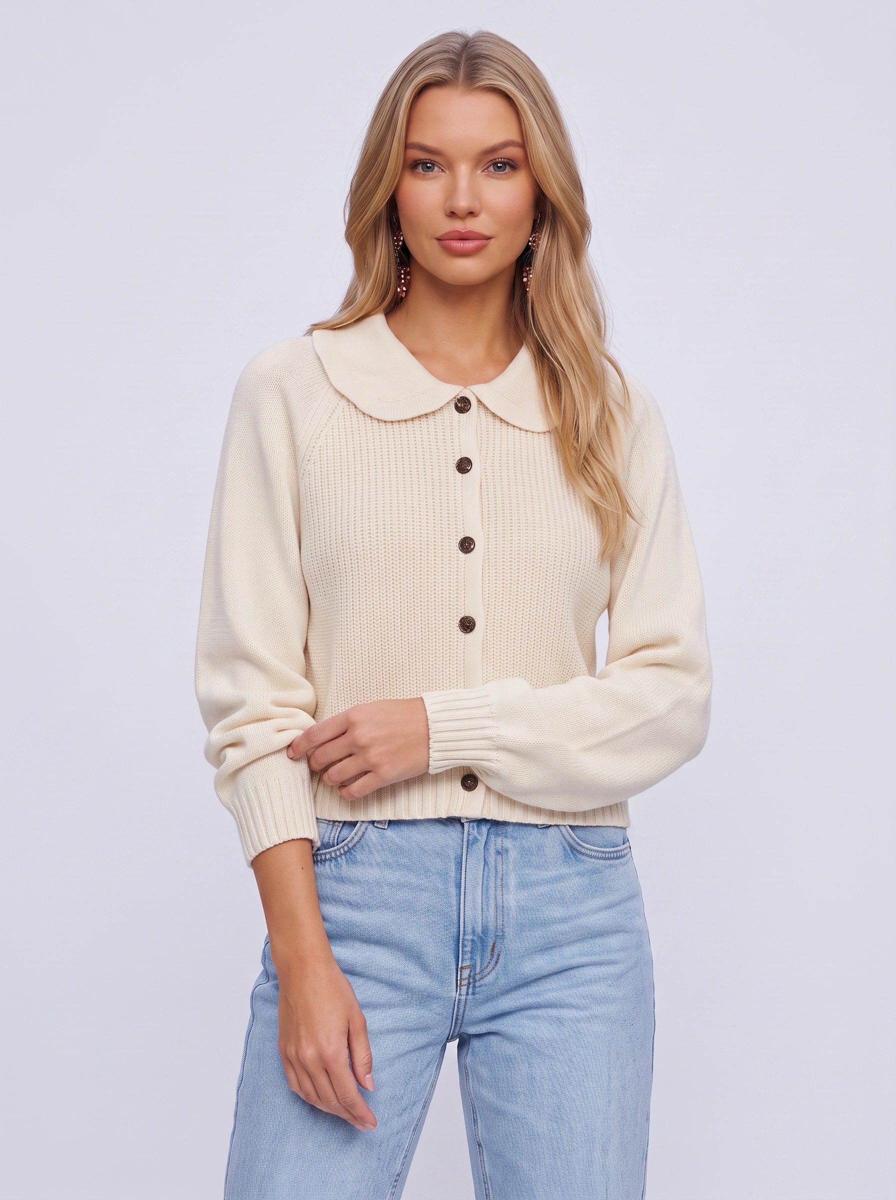 Colletto Button-Front Knit Cardigan – Women Cozy Chunky Peter Pan Collar Sweater Winter Casual