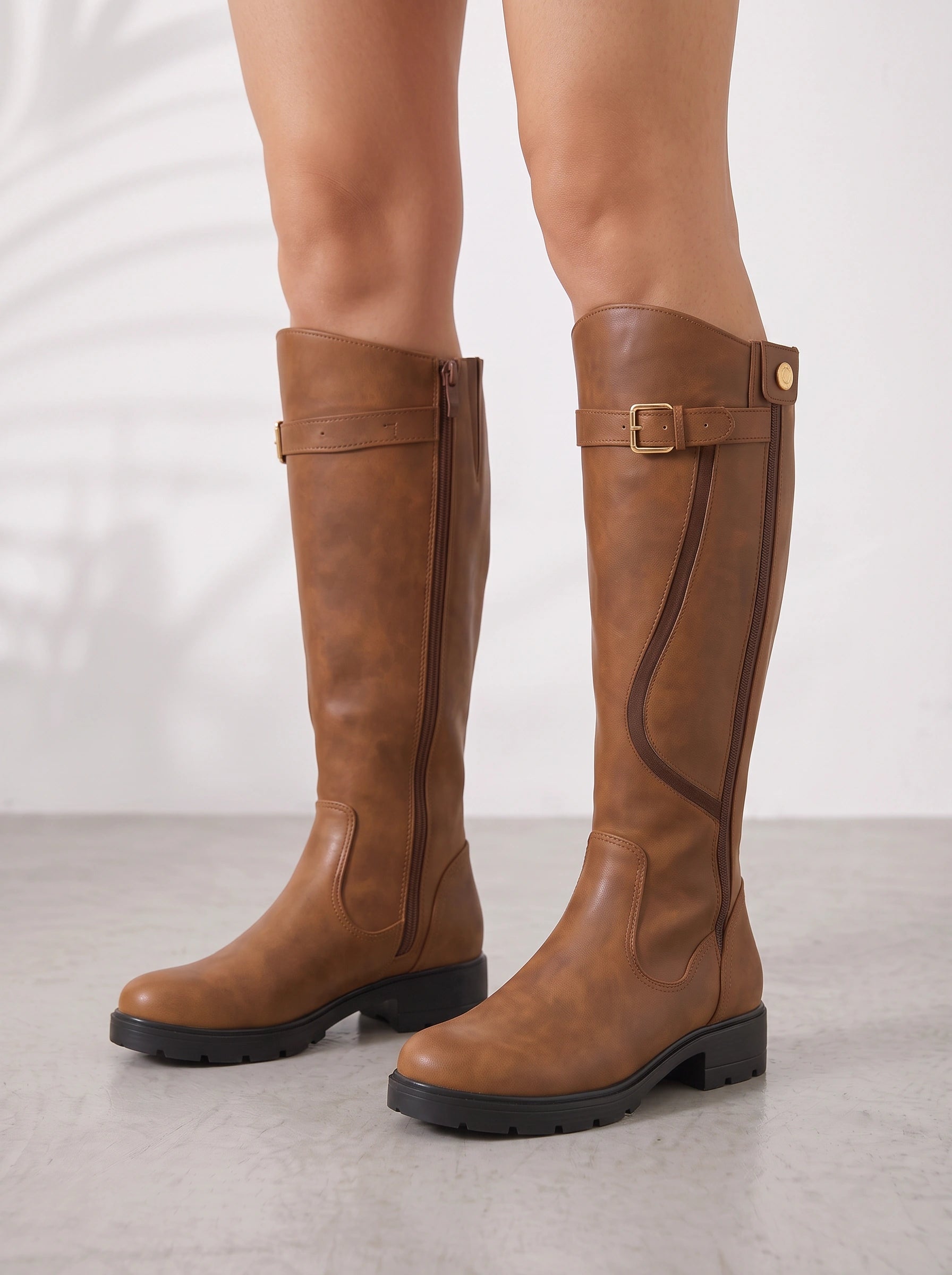 Stivaro Knee-High Riding Boots – Leather Buckle Side-Zip Women Winter Combat Knee-High Boots