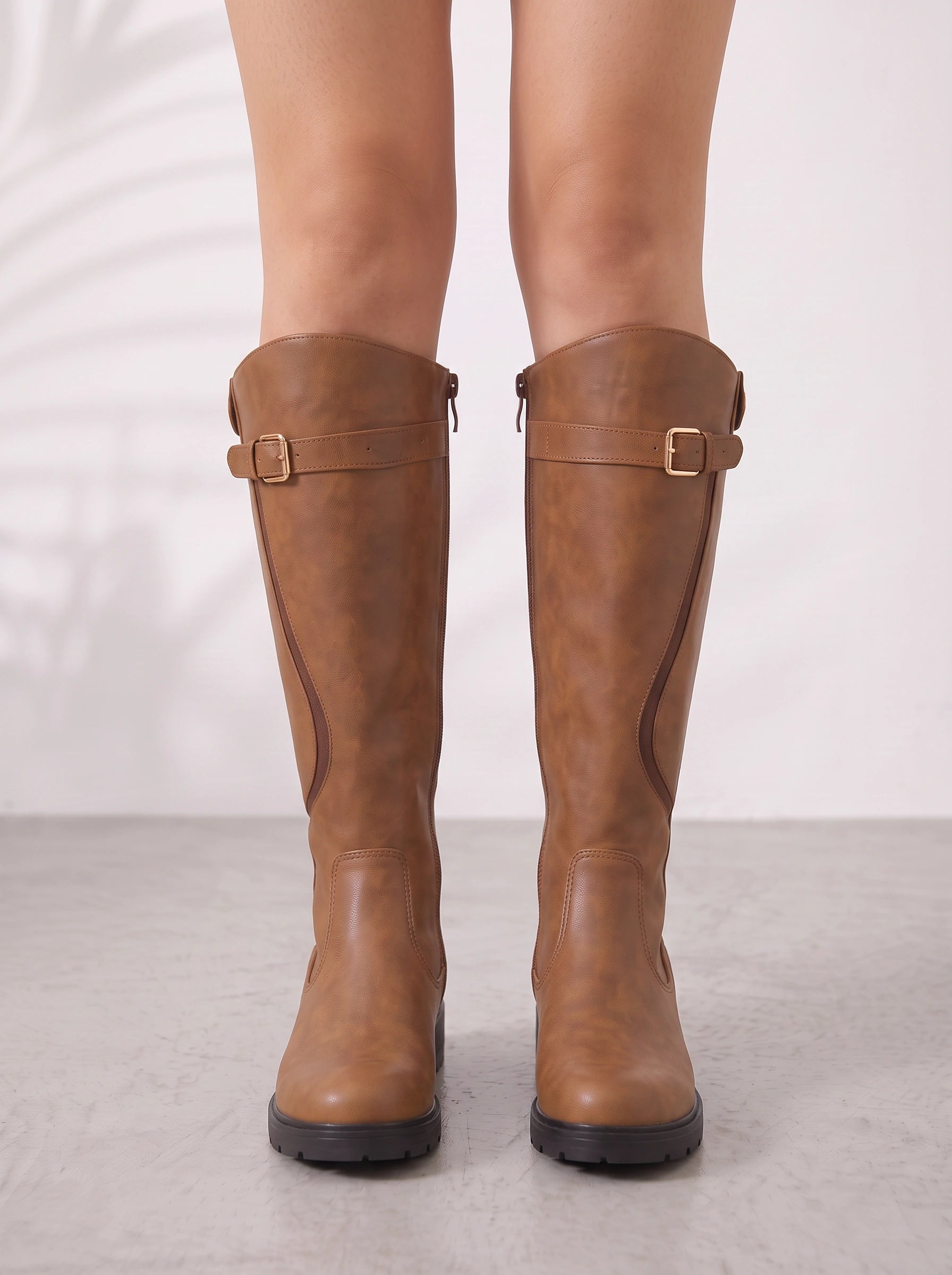 Stivaro Knee-High Riding Boots – Leather Buckle Side-Zip Women Winter Combat Knee-High Boots