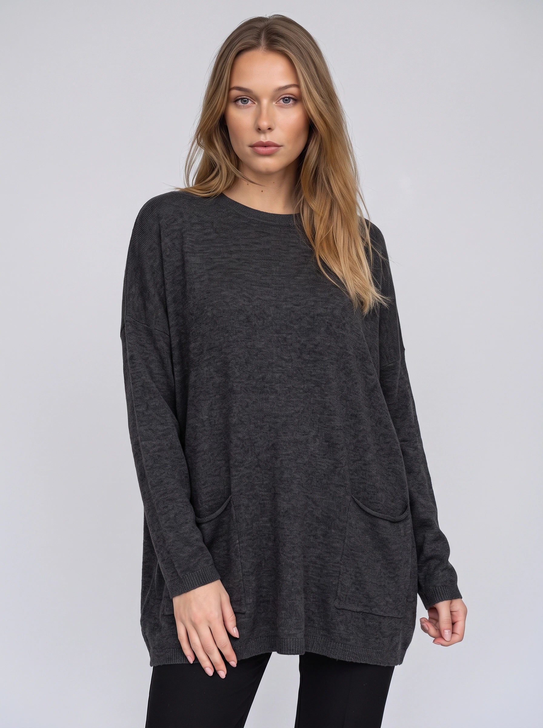Brisca Oversized Knit Tunic Sweater – Women Ribbed Longline Pocket Lounge Top Winter Relaxed Fit Sweater
