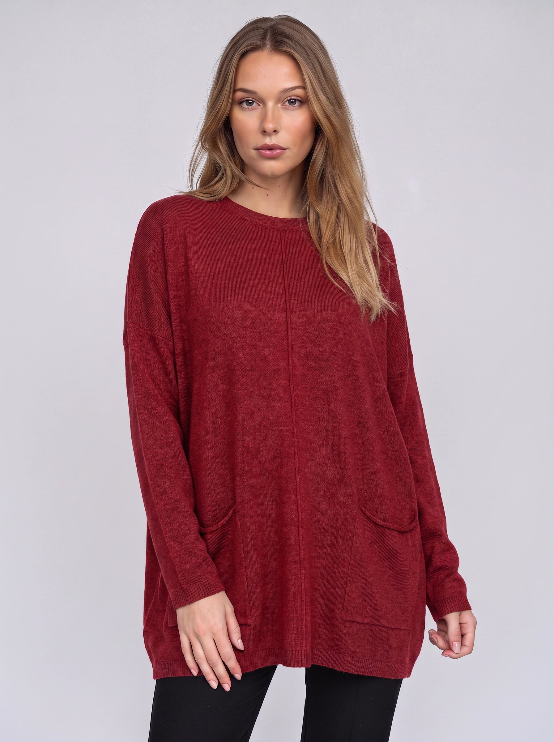 Brisca Oversized Knit Tunic Sweater – Women Ribbed Longline Pocket Lounge Top Winter Relaxed Fit Sweater