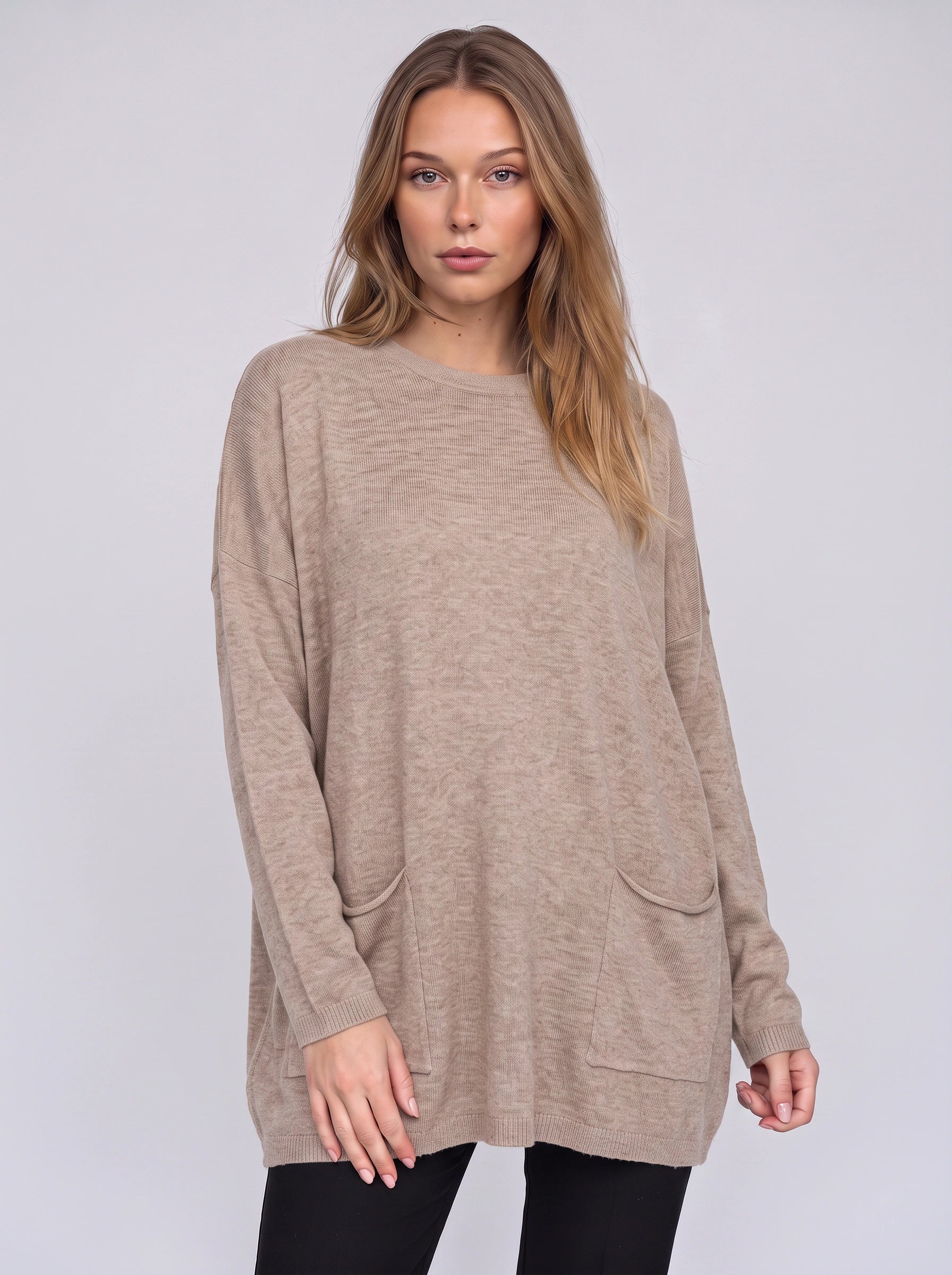 Brisca Oversized Knit Tunic Sweater – Women Ribbed Longline Pocket Lounge Top Winter Relaxed Fit Sweater