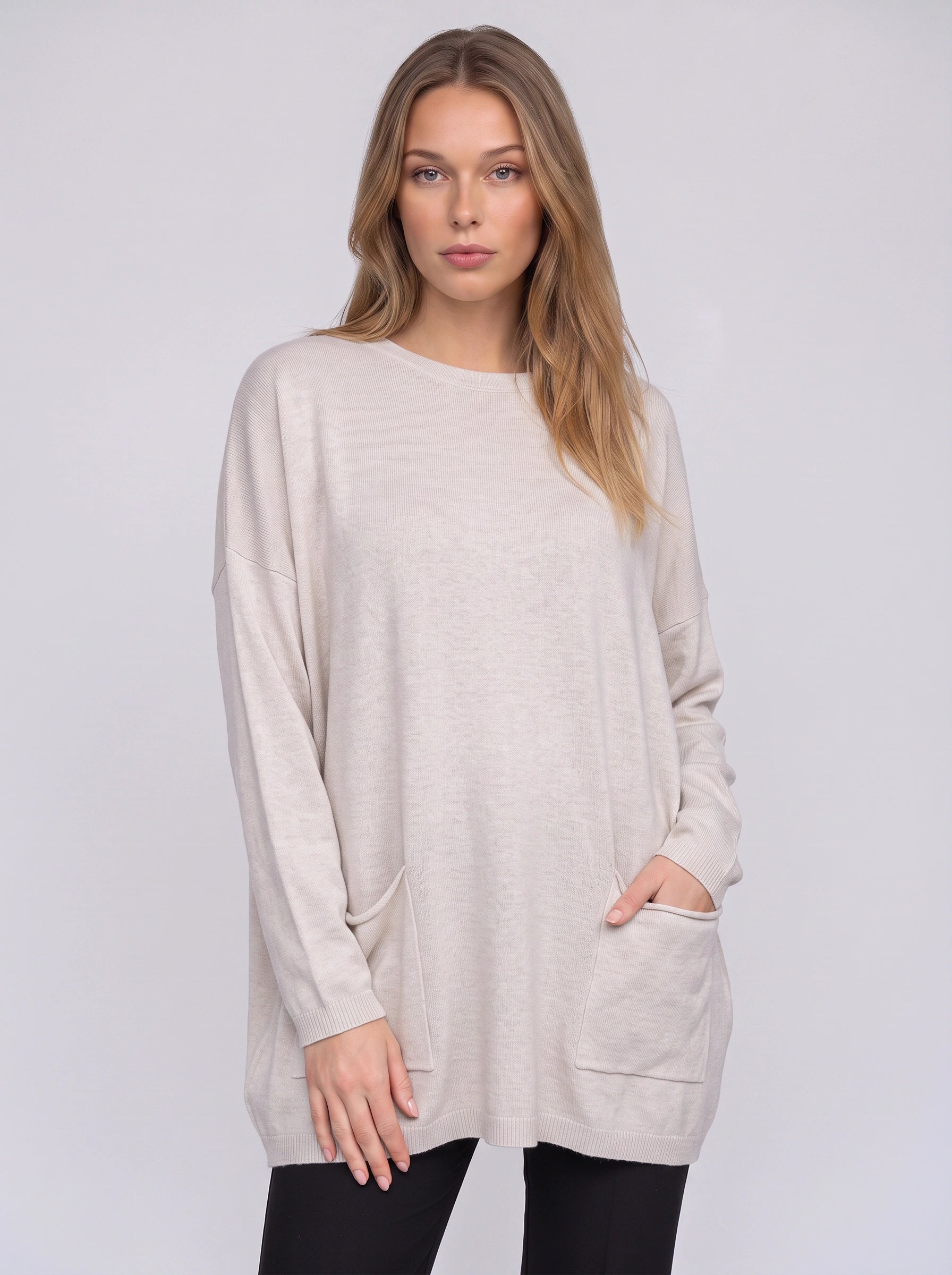 Brisca Oversized Knit Tunic Sweater – Women Ribbed Longline Pocket Lounge Top Winter Relaxed Fit Sweater