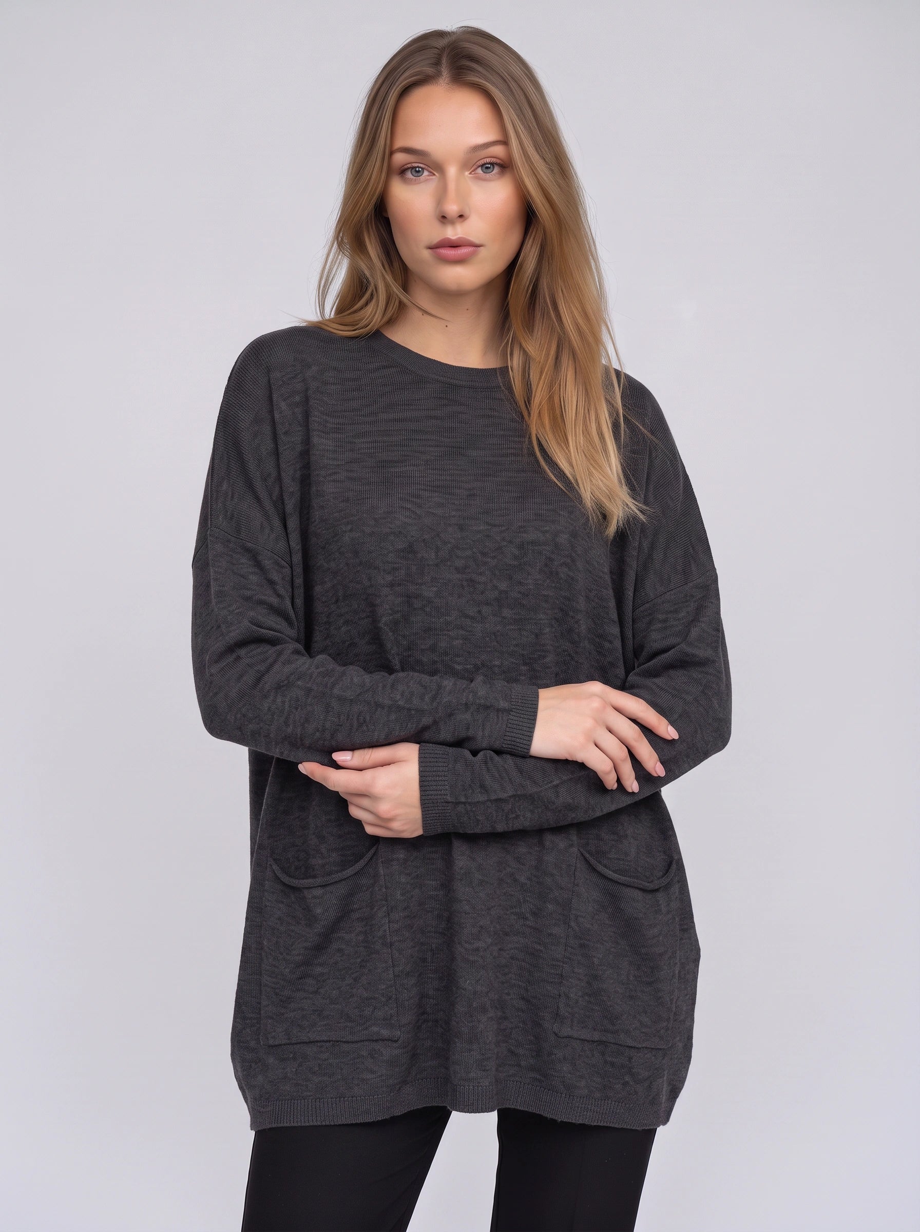 Brisca Oversized Knit Tunic Sweater – Women Ribbed Longline Pocket Lounge Top Winter Relaxed Fit Sweater
