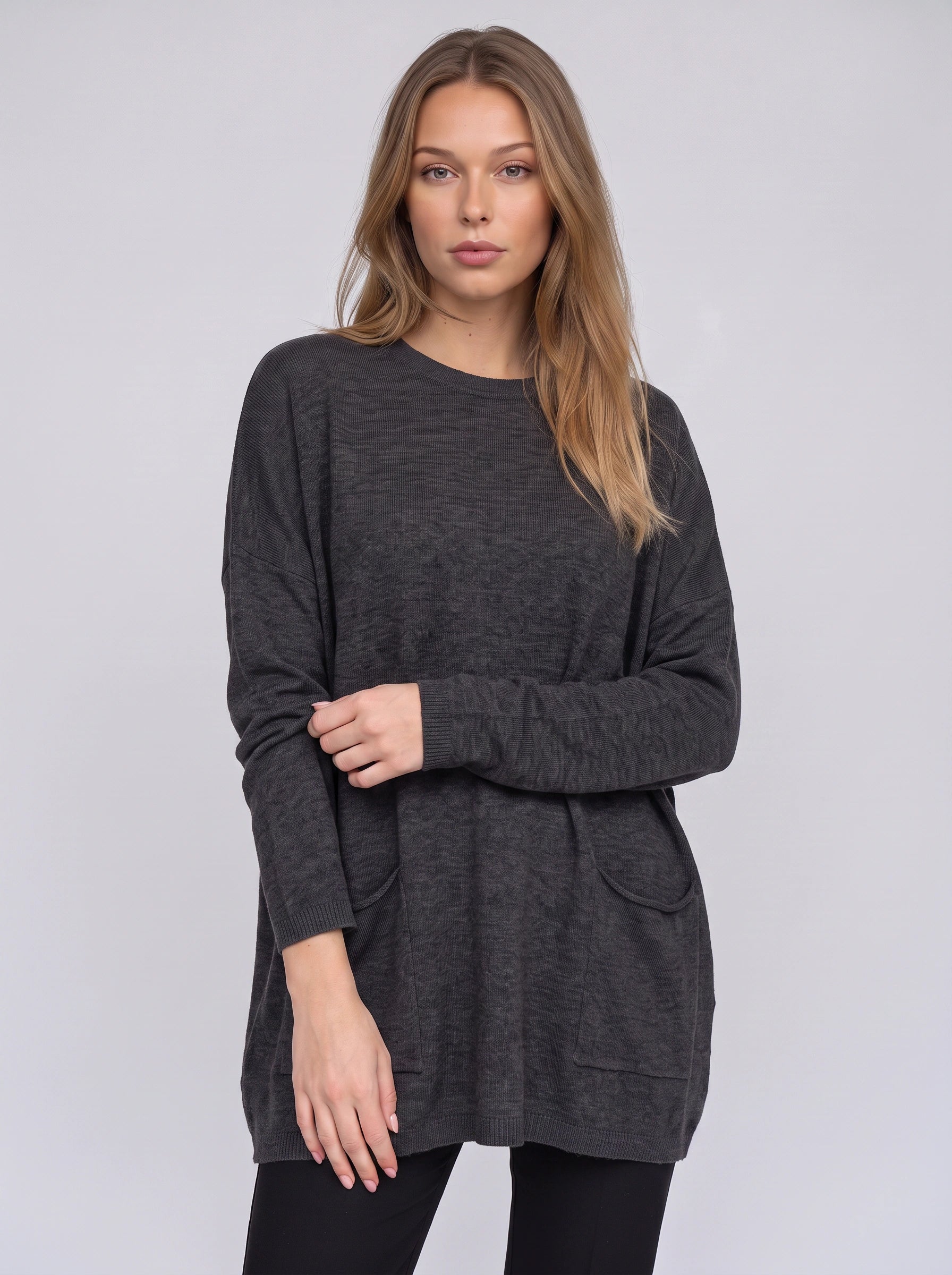 Brisca Oversized Knit Tunic Sweater – Women Ribbed Longline Pocket Lounge Top Winter Relaxed Fit Sweater