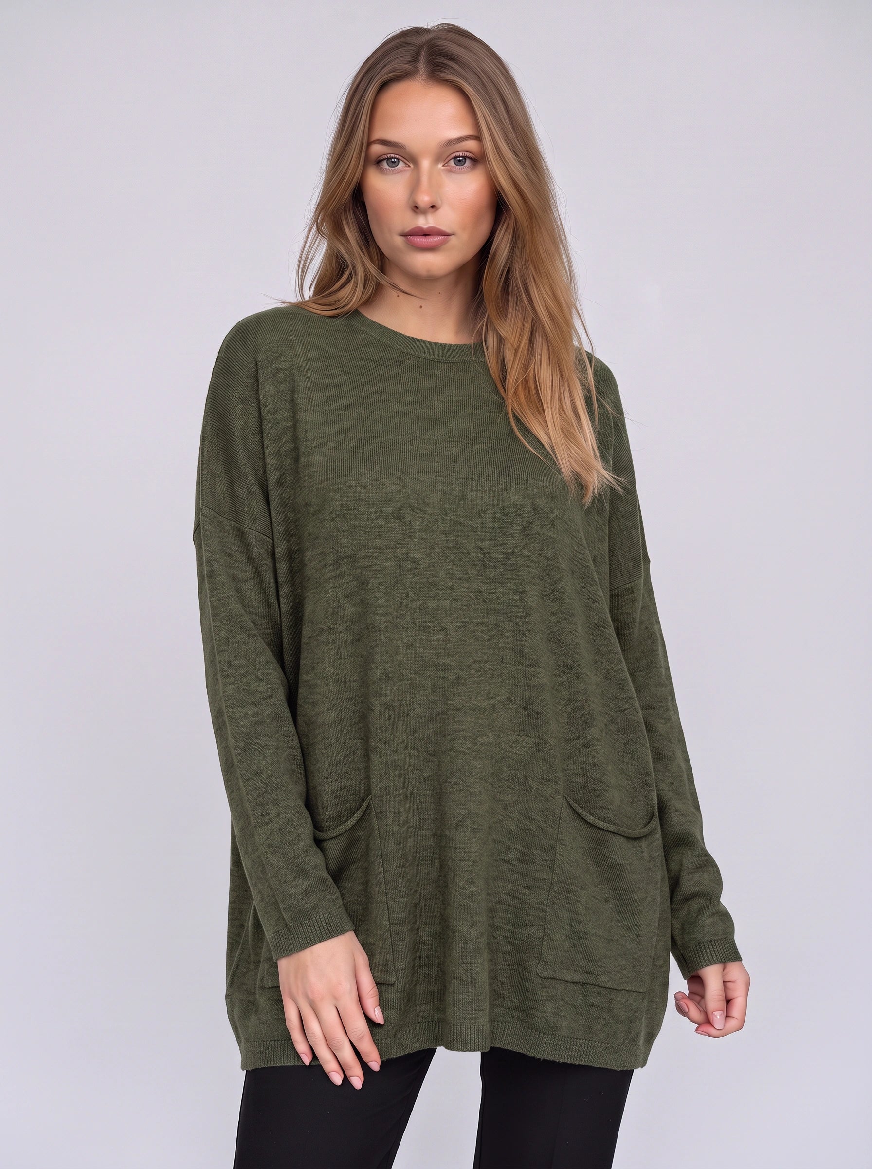 Brisca Oversized Knit Tunic Sweater – Women Ribbed Longline Pocket Lounge Top Winter Relaxed Fit Sweater