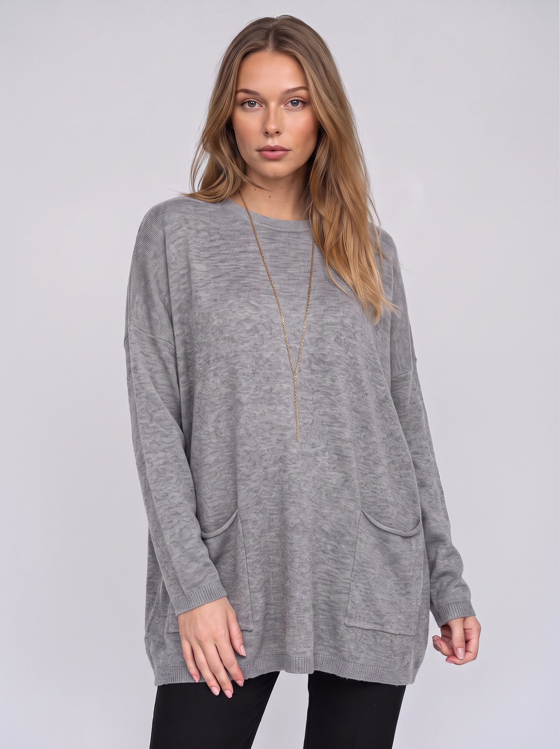 Brisca Oversized Knit Tunic Sweater – Women Ribbed Longline Pocket Lounge Top Winter Relaxed Fit Sweater