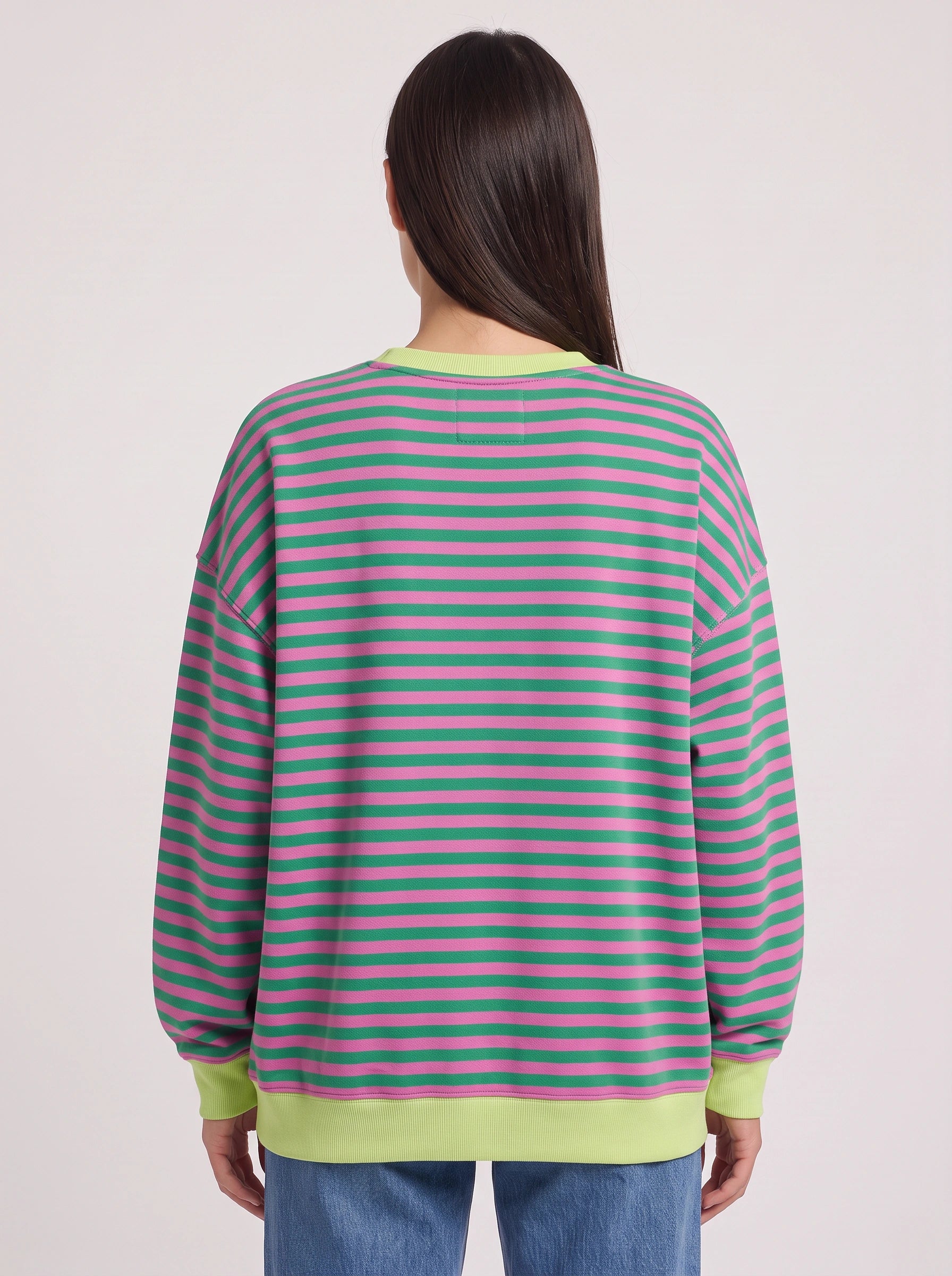 Rayet Striped Oversized Crew Neck Sweater – Women Retro Streetwear Casual Lounge Crewneck Sweatshirt