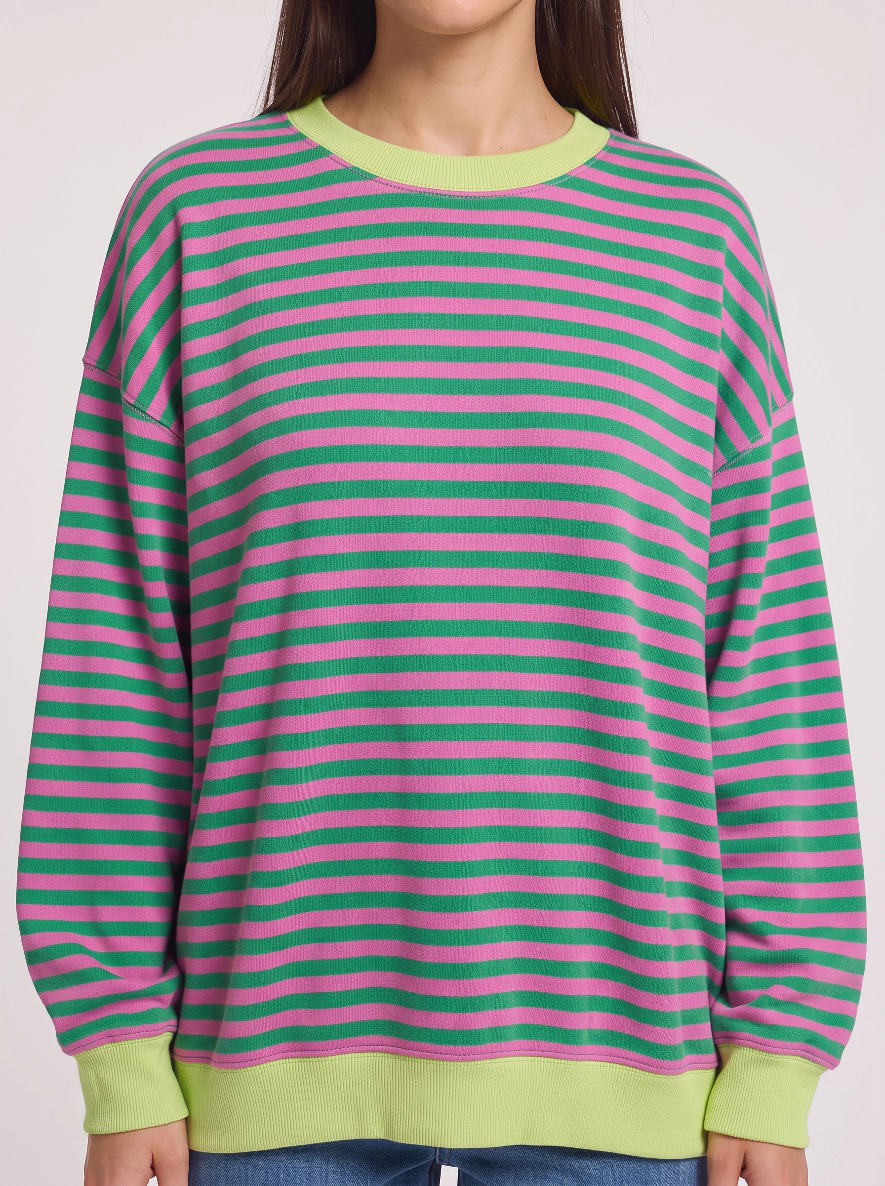 Rayet Striped Oversized Crew Neck Sweater – Women Retro Streetwear Casual Lounge Crewneck Sweatshirt