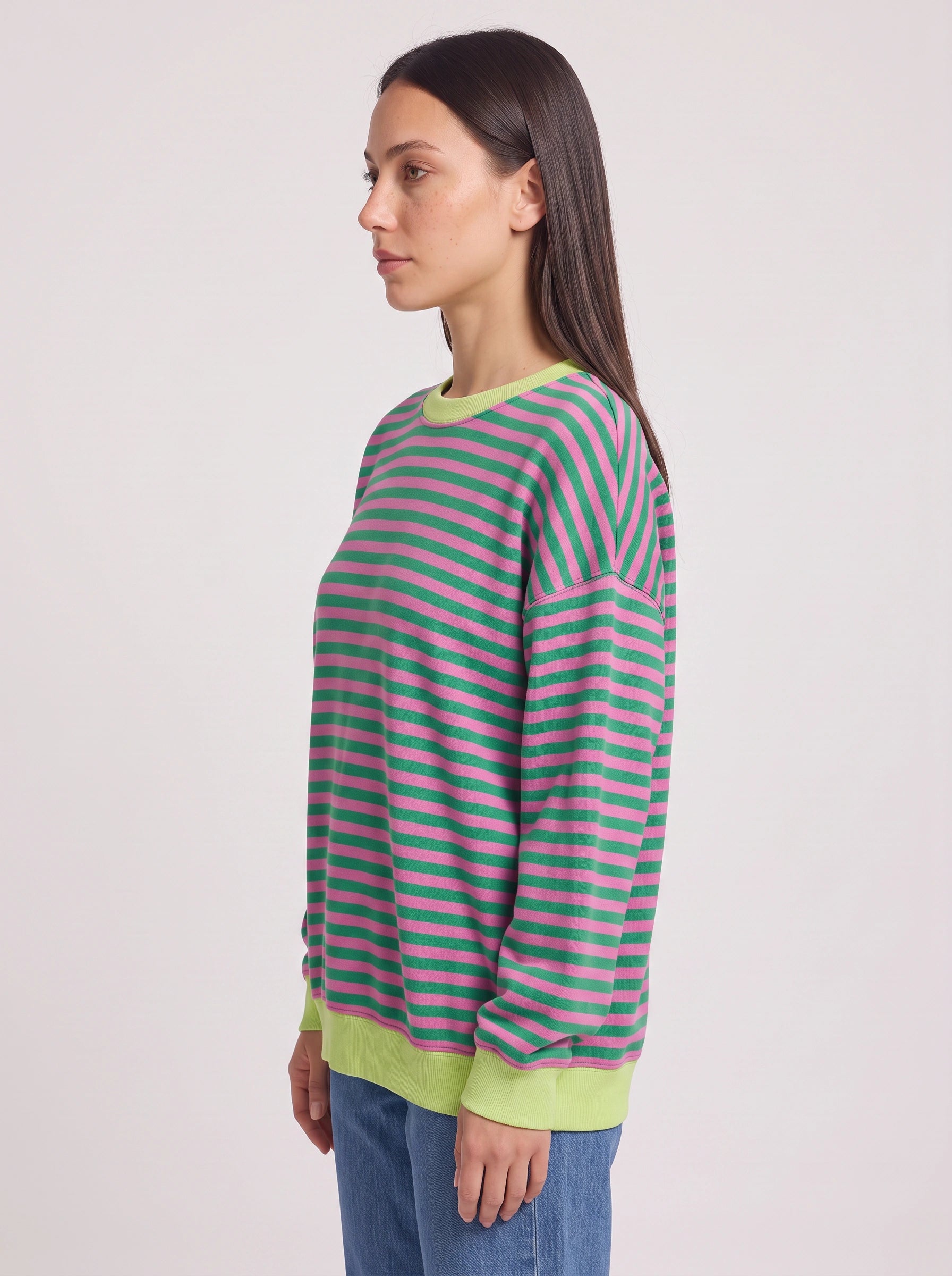 Rayet Striped Oversized Crew Neck Sweater – Women Retro Streetwear Casual Lounge Crewneck Sweatshirt