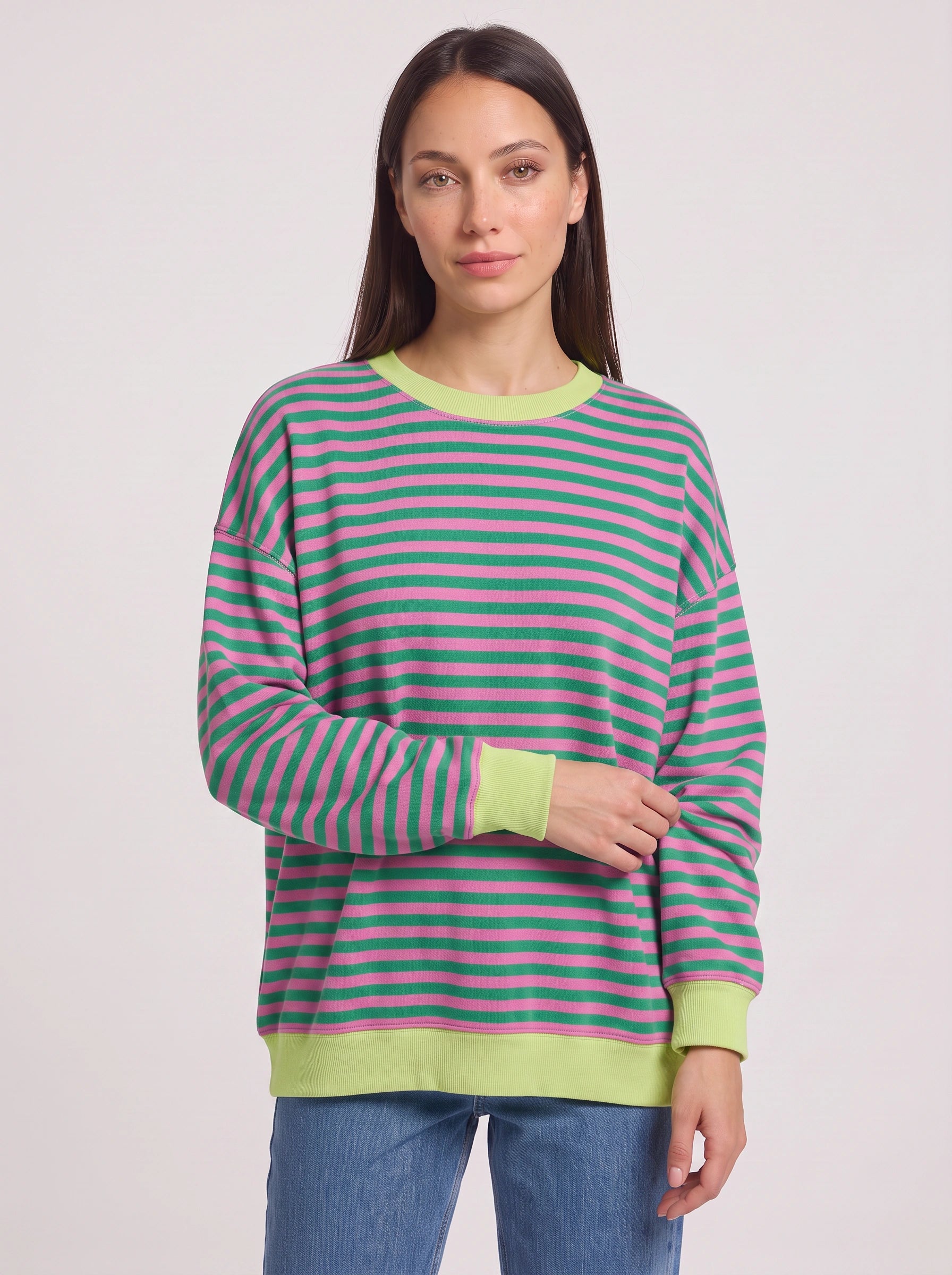Rayet Striped Oversized Crew Neck Sweater – Women Retro Streetwear Casual Lounge Crewneck Sweatshirt