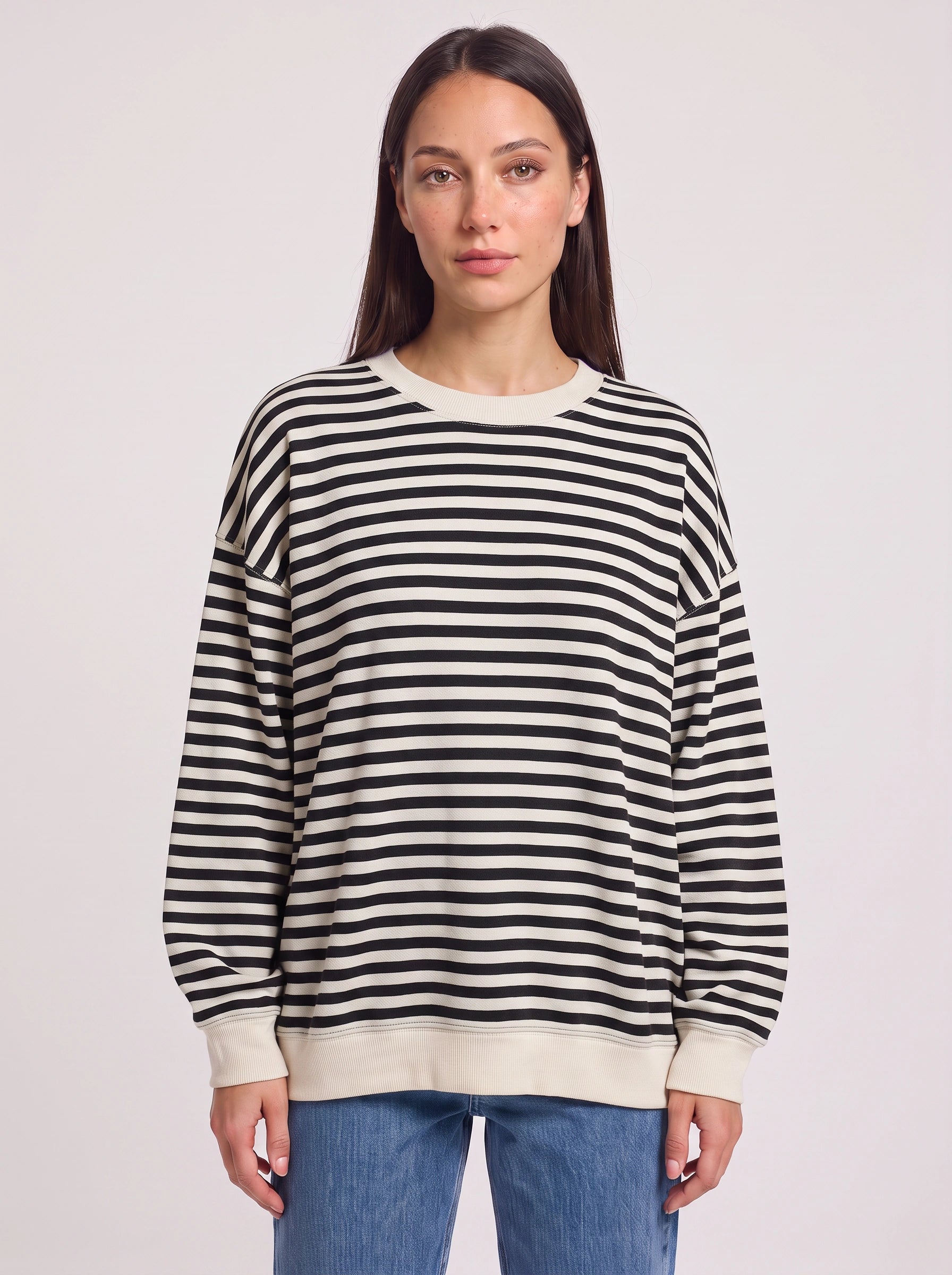 Rayet Striped Oversized Crew Neck Sweater – Women Retro Streetwear Casual Lounge Crewneck Sweatshirt