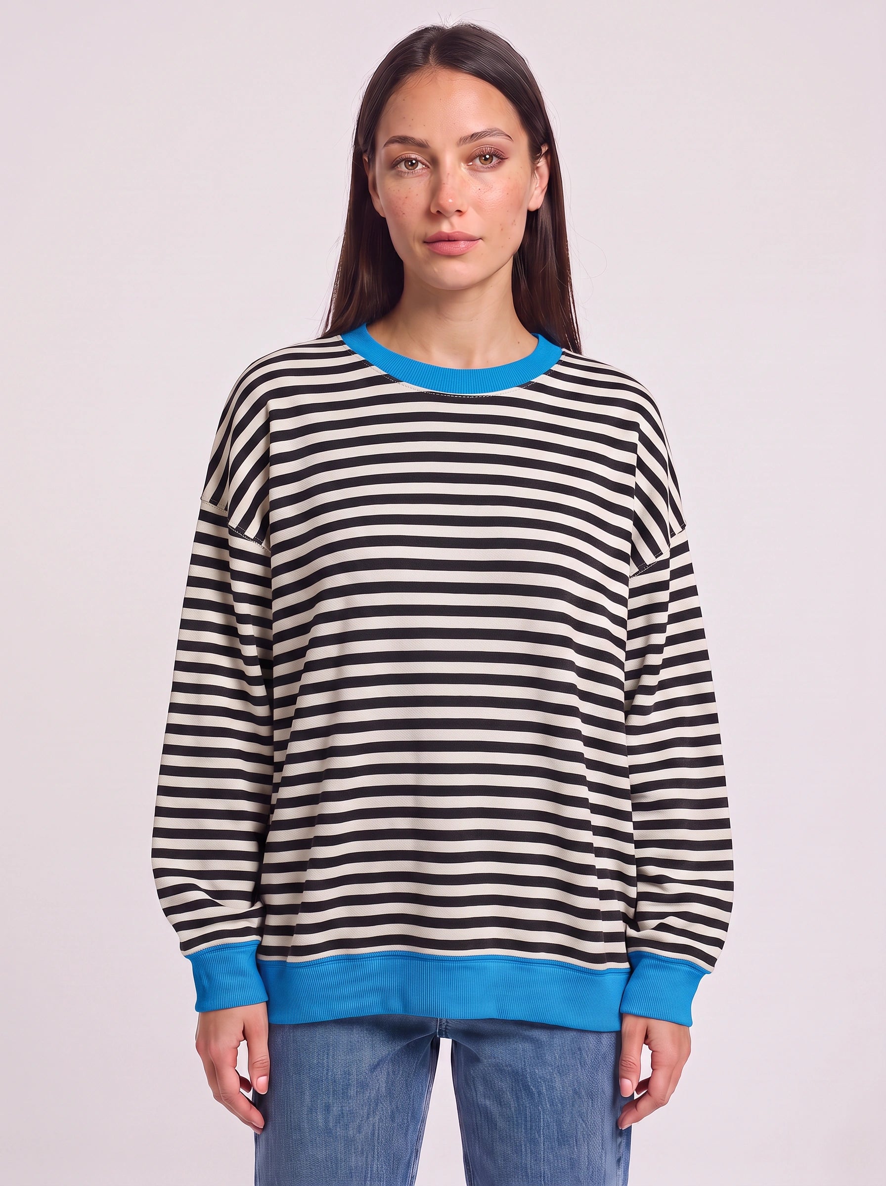 Rayet Striped Oversized Crew Neck Sweater – Women Retro Streetwear Casual Lounge Crewneck Sweatshirt