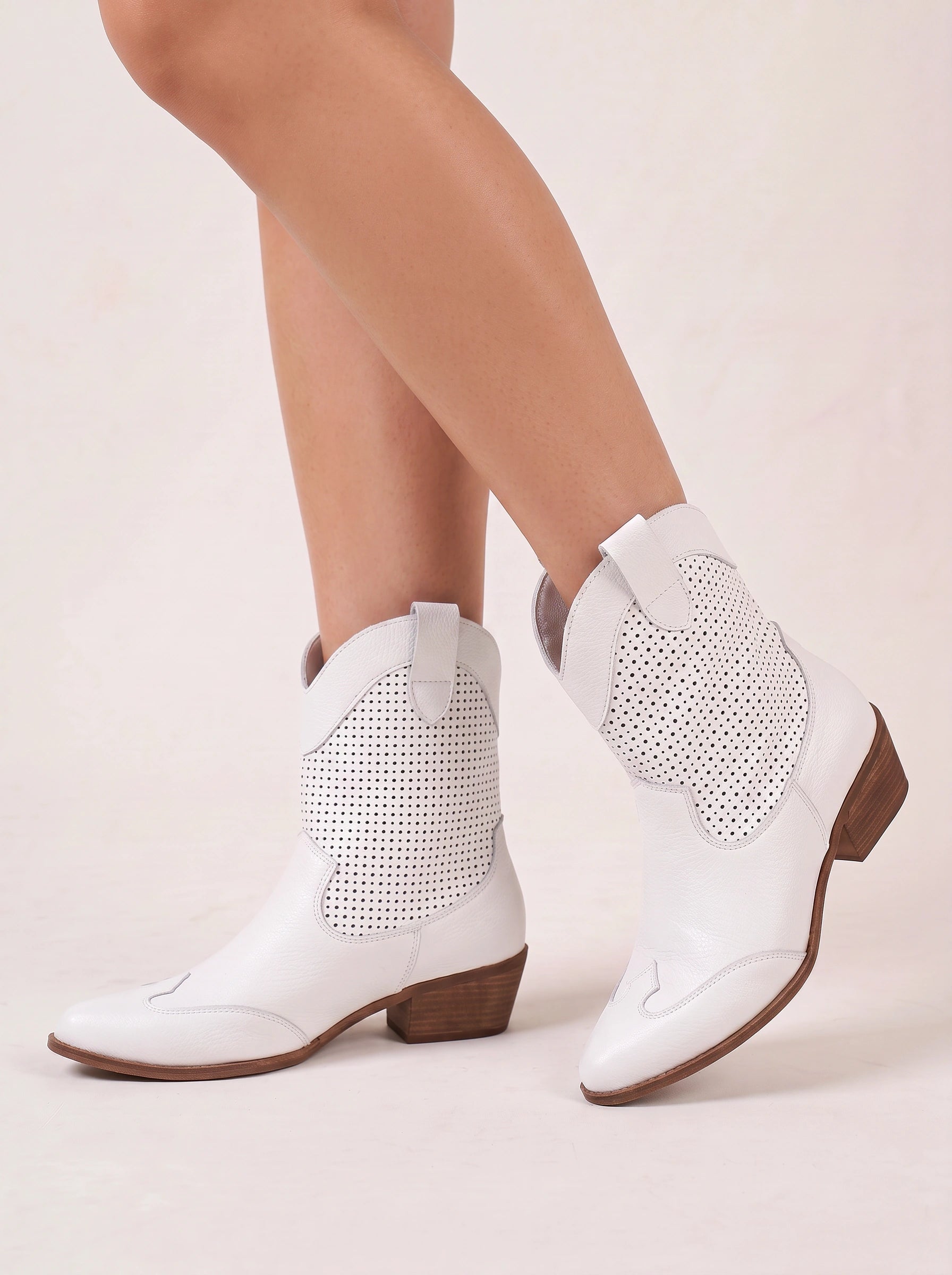 Perfora Western Ankle Boots – Women Cowgirl Boots Perforated Leather Block Heel Ladies Western Boots