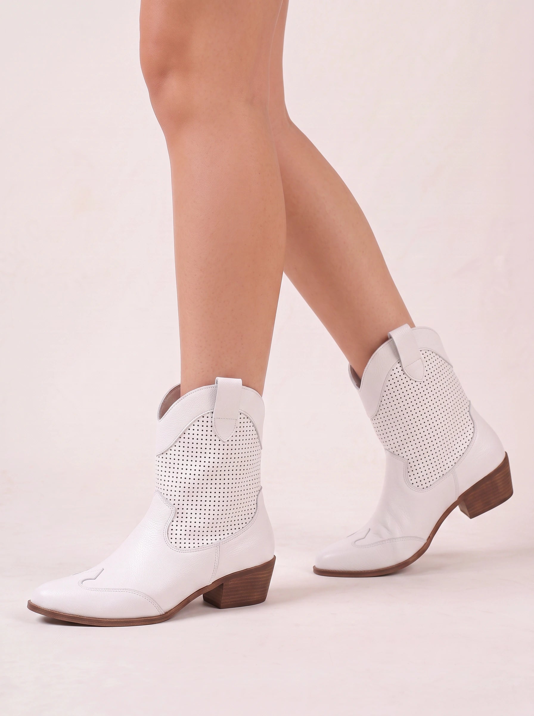 Perfora Western Ankle Boots – Women Cowgirl Boots Perforated Leather Block Heel Ladies Western Boots