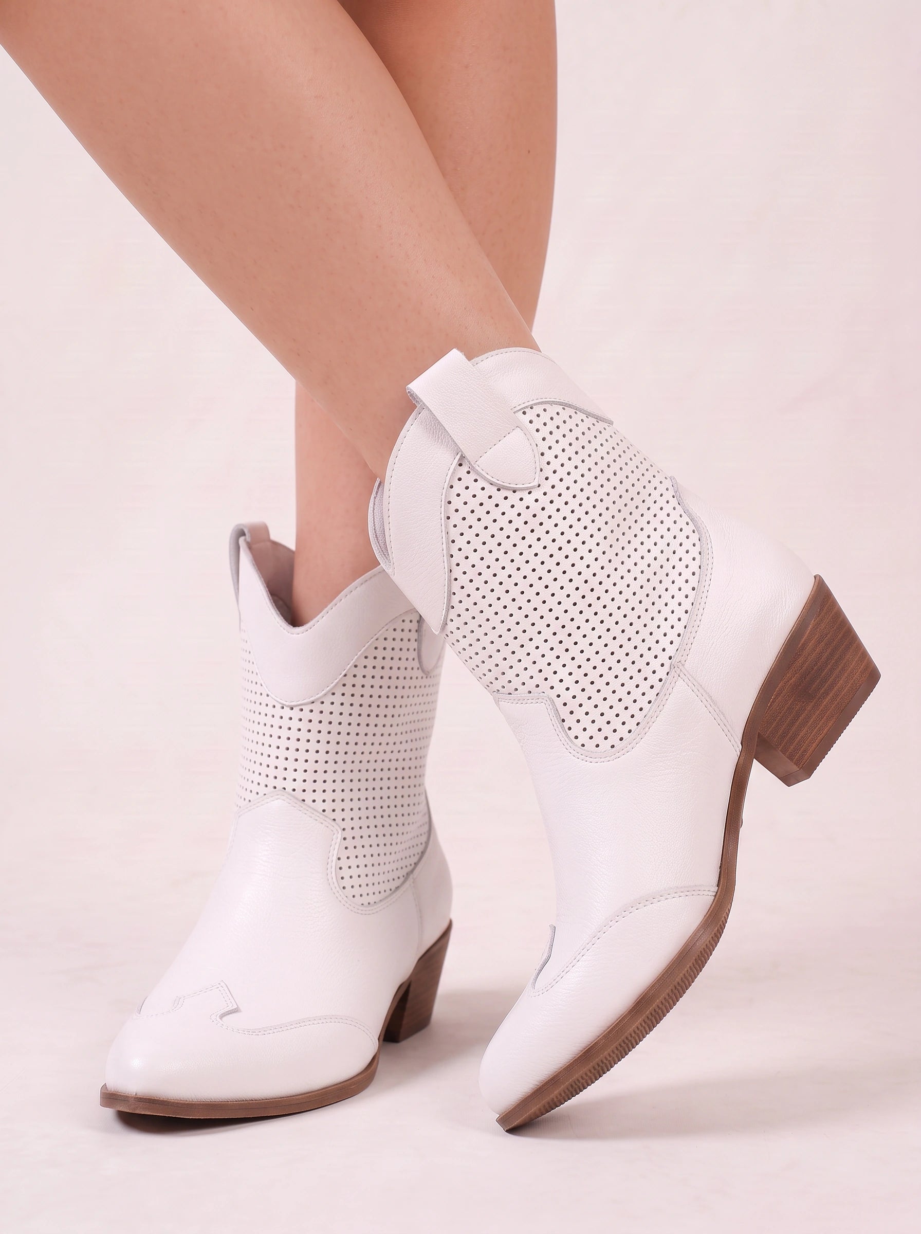 Perfora Western Ankle Boots – Women Cowgirl Boots Perforated Leather Block Heel Ladies Western Boots