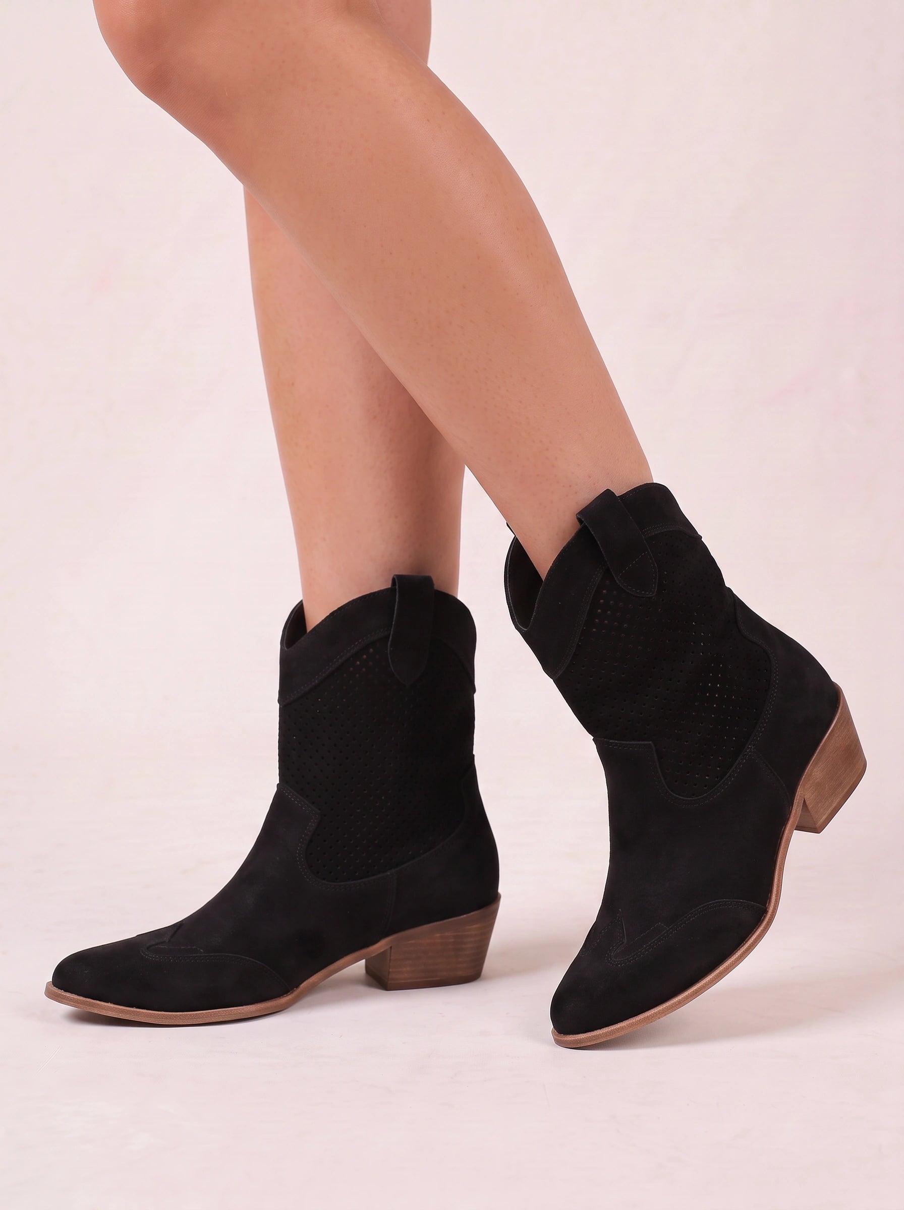 Perfora Western Ankle Boots – Women Cowgirl Boots Perforated Leather Block Heel Ladies Western Boots