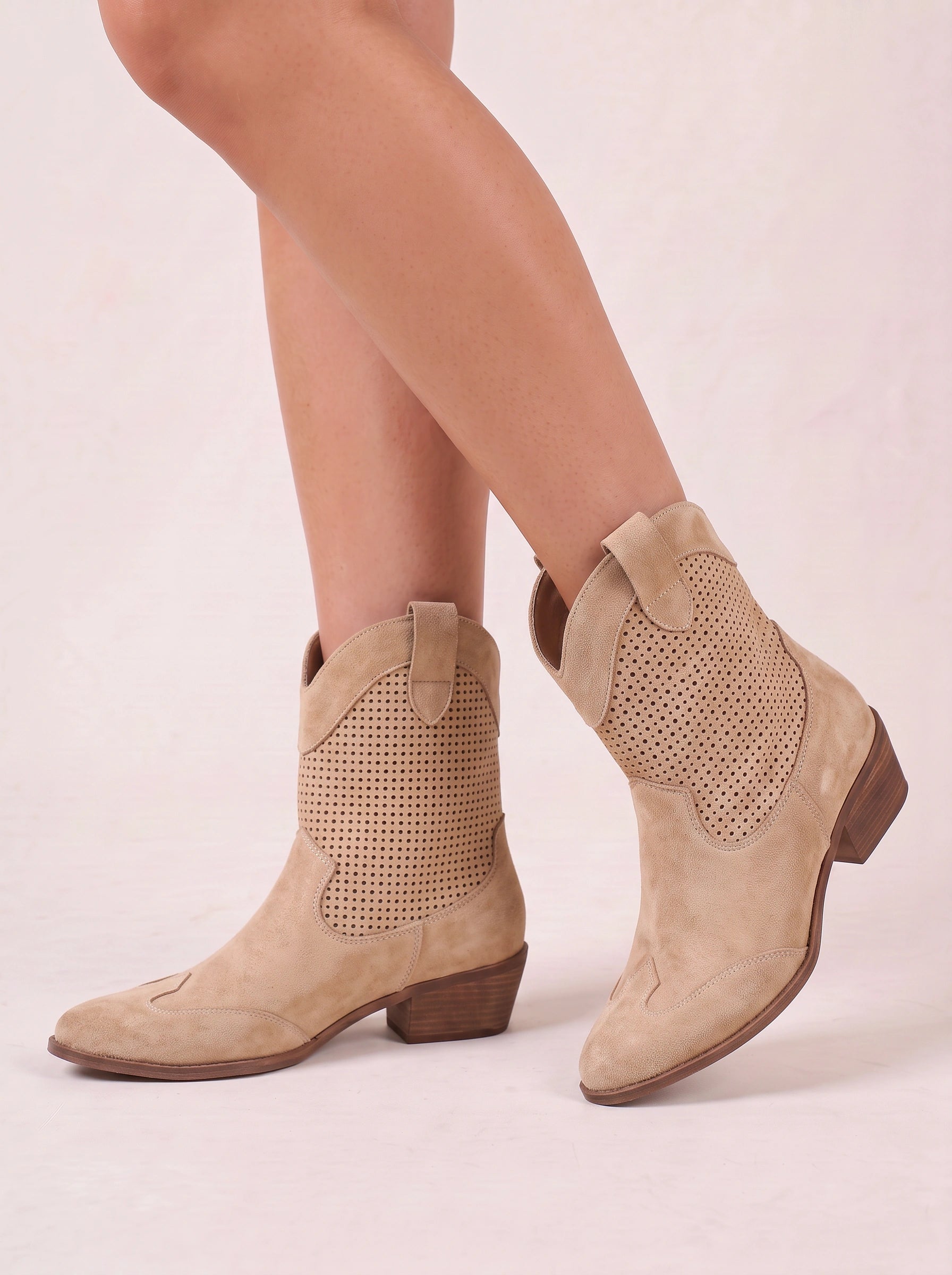 Perfora Western Ankle Boots – Women Cowgirl Boots Perforated Leather Block Heel Ladies Western Boots