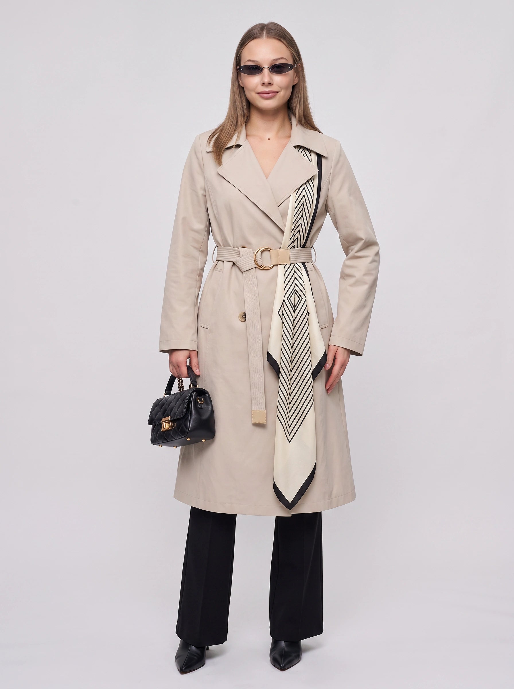 Chevriga Belted Trench Coat – Women Longline Winter Geometric Scarf Detail Classic Trench Jacket