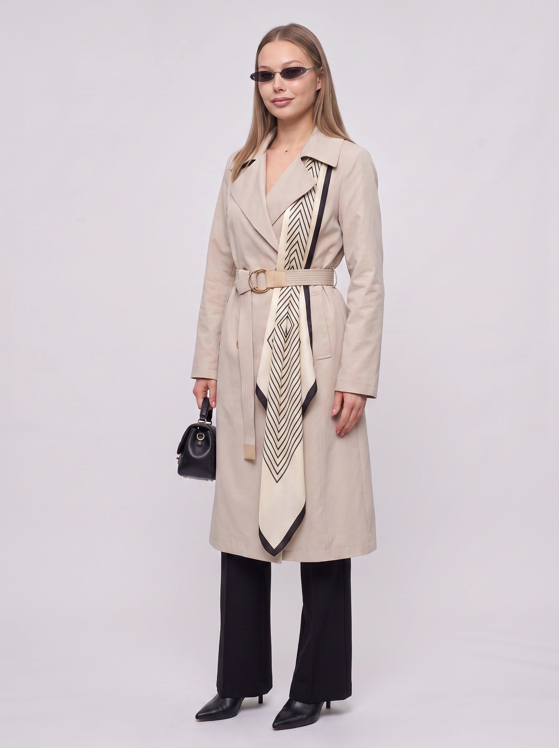 Chevriga Belted Trench Coat – Women Longline Winter Geometric Scarf Detail Classic Trench Jacket