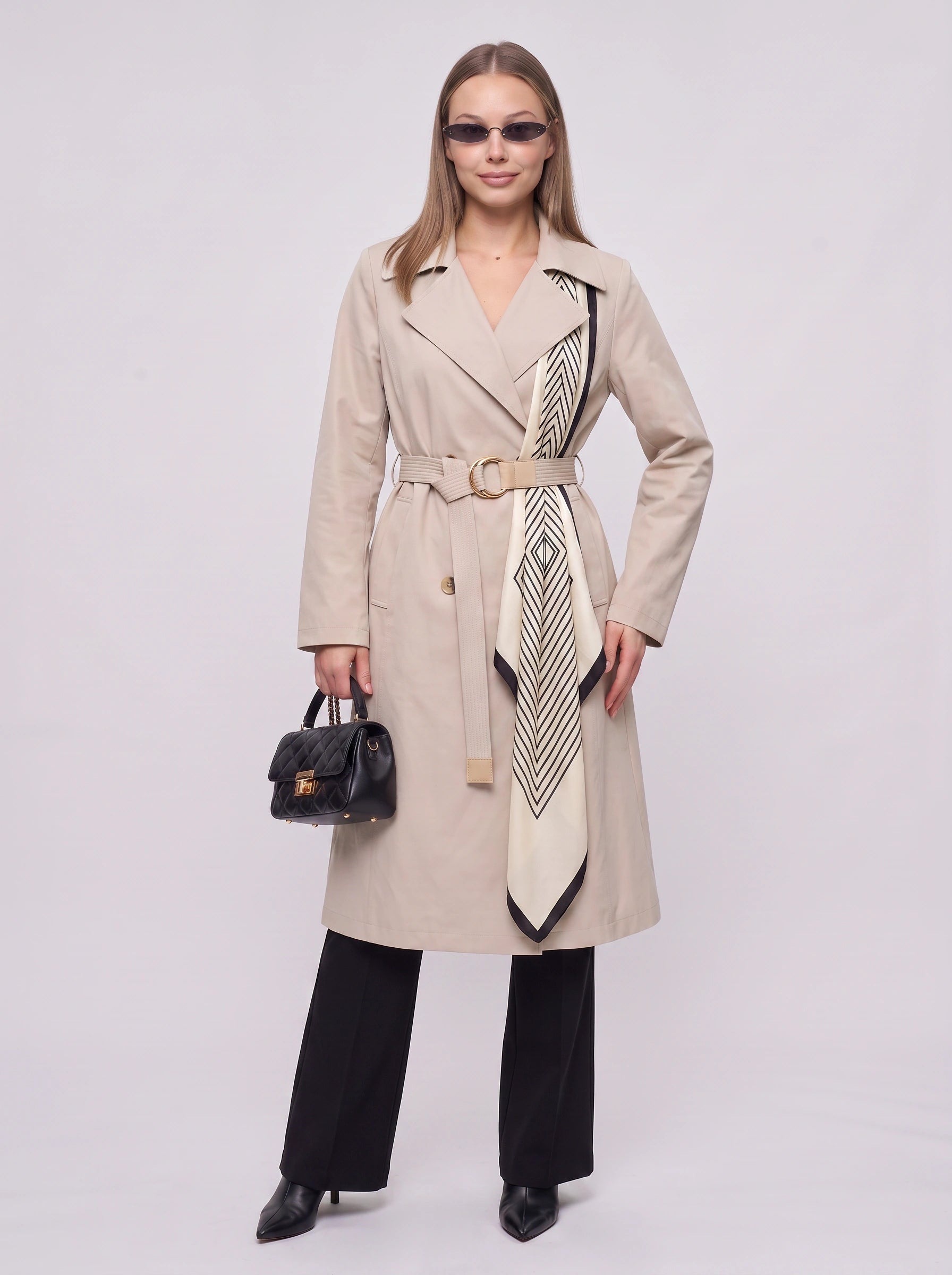 Chevriga Belted Trench Coat – Women Longline Winter Geometric Scarf Detail Classic Trench Jacket